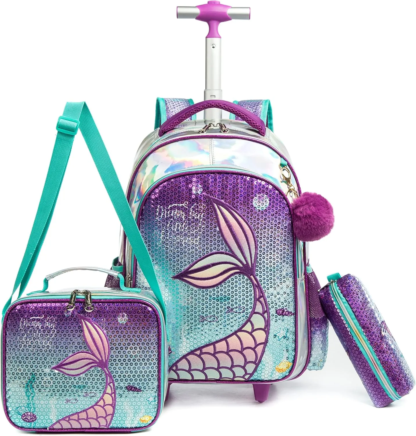 Mermaid Rolling Backpack for Gilrs Backpacks with Wheels for Elementary School Bag Trolley Trips Luggage with Lunch Box for Preschool Students