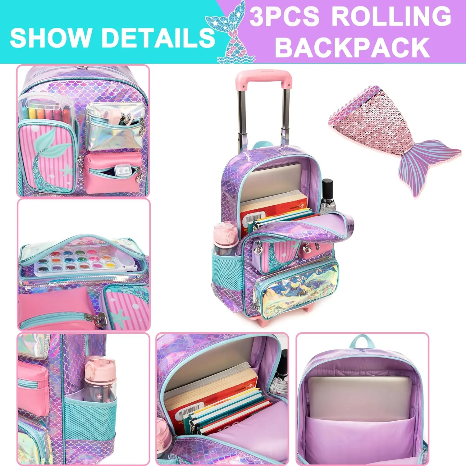 Mermaid Rolling Backpack for Girls Backpack with Wheels for Elementary Student Kids School Bag with Lunch Box Pencil Case for Girls Ages 6-8 Years Old
