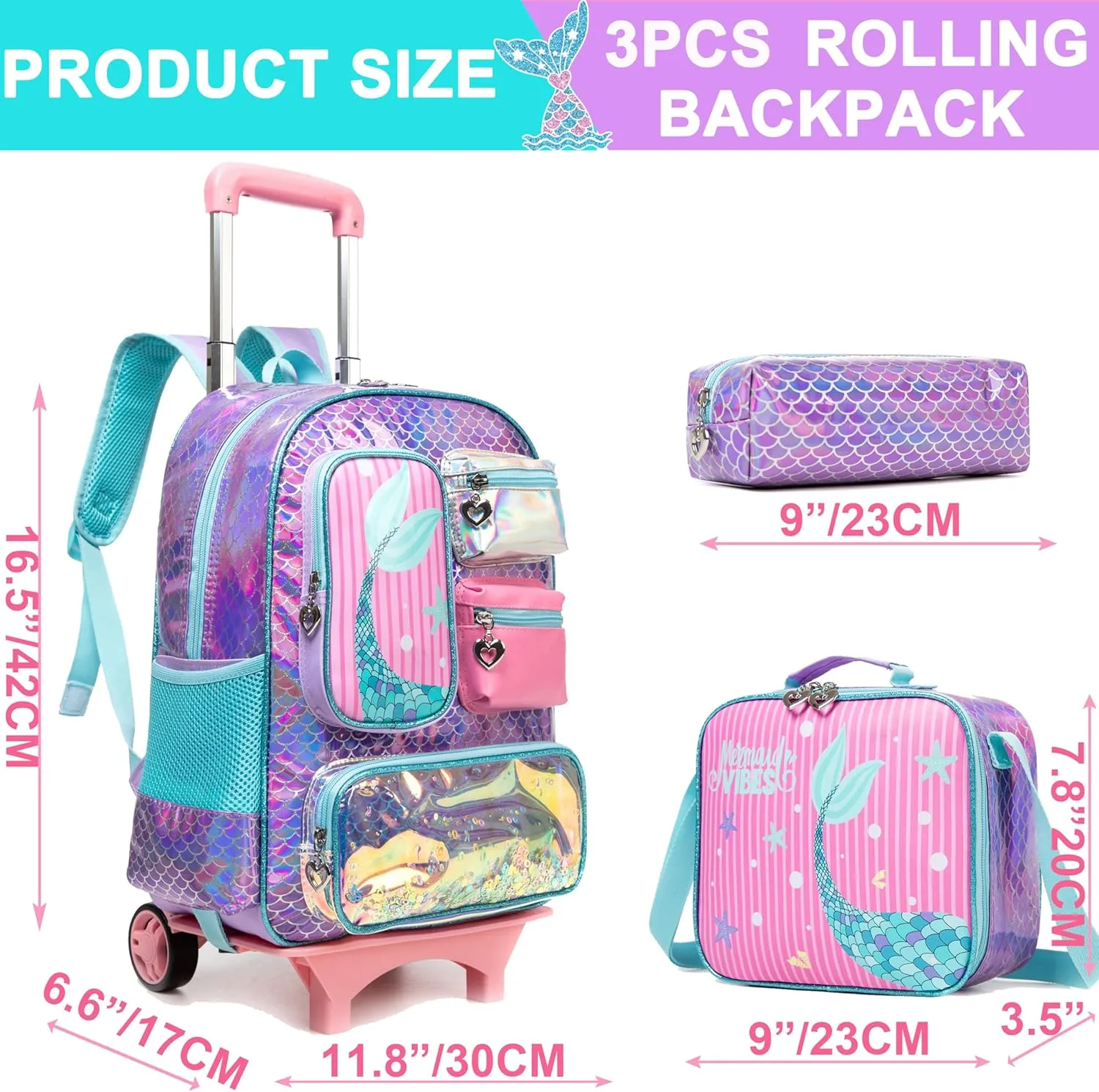 Mermaid Rolling Backpack for Girls Backpack with Wheels for Elementary Student Kids School Bag with Lunch Box Pencil Case for Girls Ages 6-8 Years Old