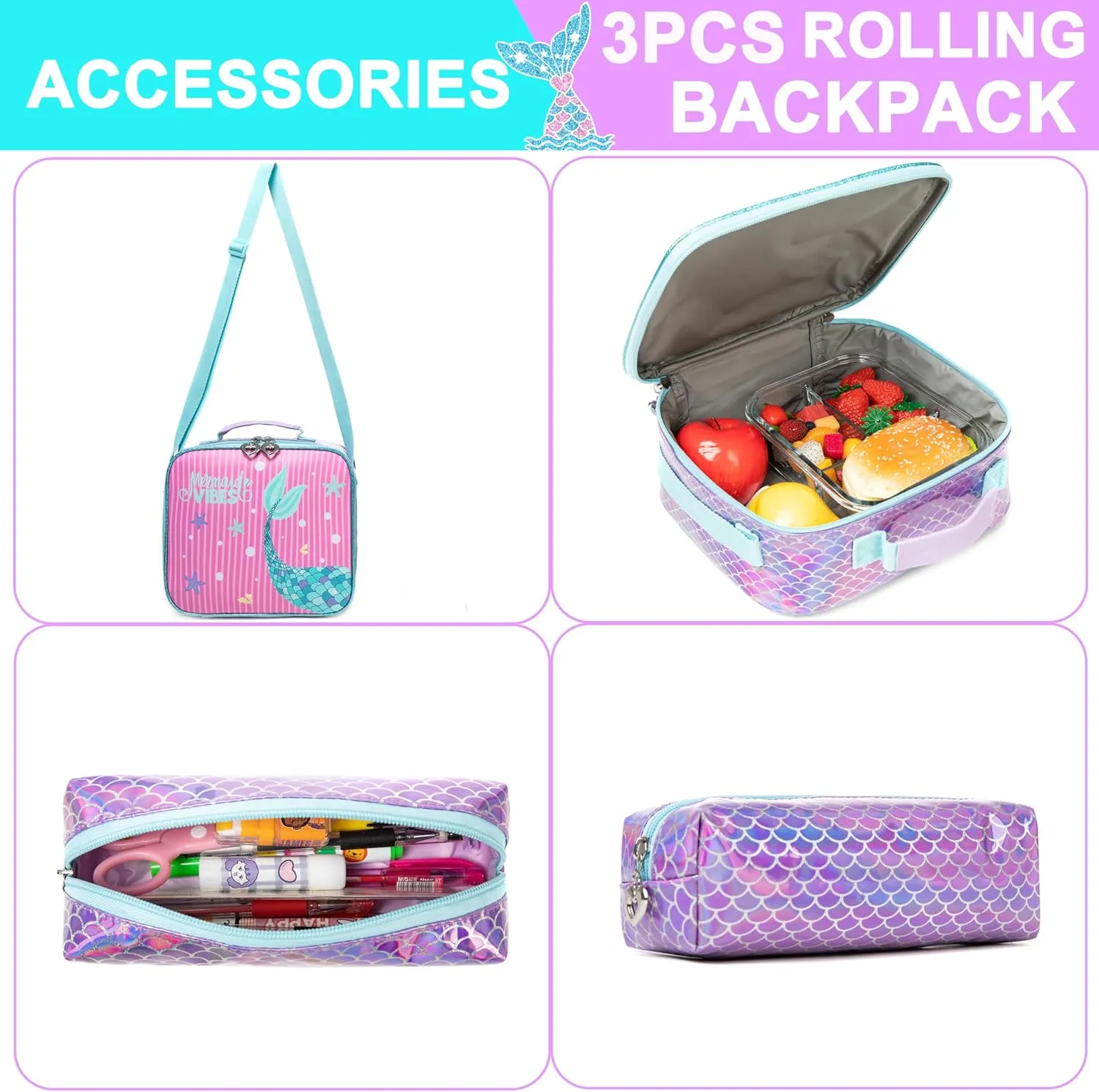 Mermaid Rolling Backpack for Girls Backpack with Wheels for Elementary Student Kids School Bag with Lunch Box Pencil Case for Girls Ages 6-8 Years Old