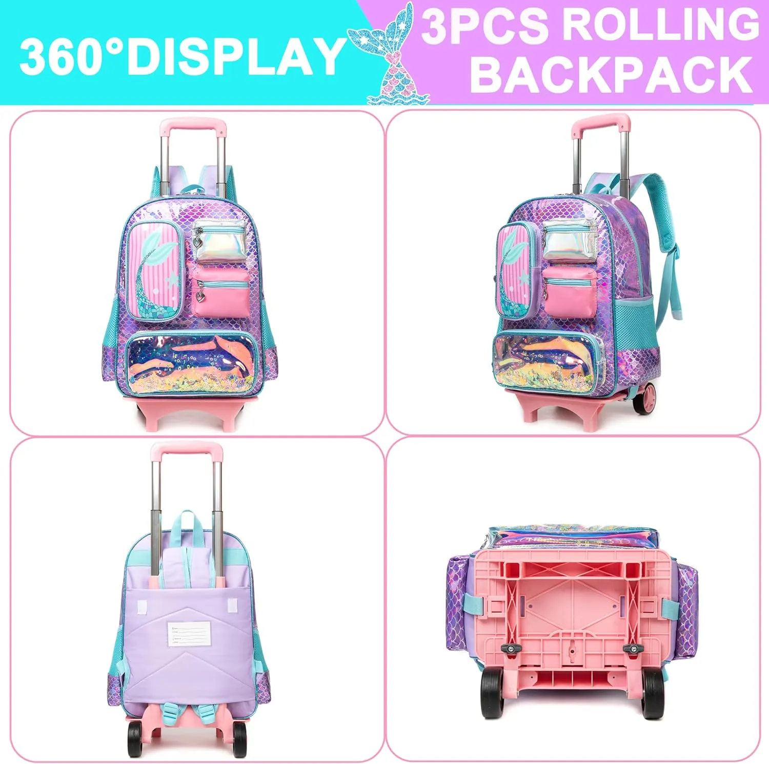 Mermaid Rolling Backpack for Girls Backpack with Wheels for Elementary Student Kids School Bag with Lunch Box Pencil Case for Girls Ages 6-8 Years Old