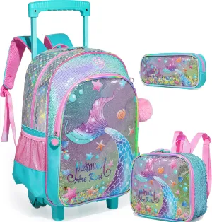 Mermaid Rolling Backpack for Girls with Lunch Box Kids Backpack with Wheels for School Sequin Rolling Backpacks for Kindergarten Girls Trolley Trips Kids Luggage
