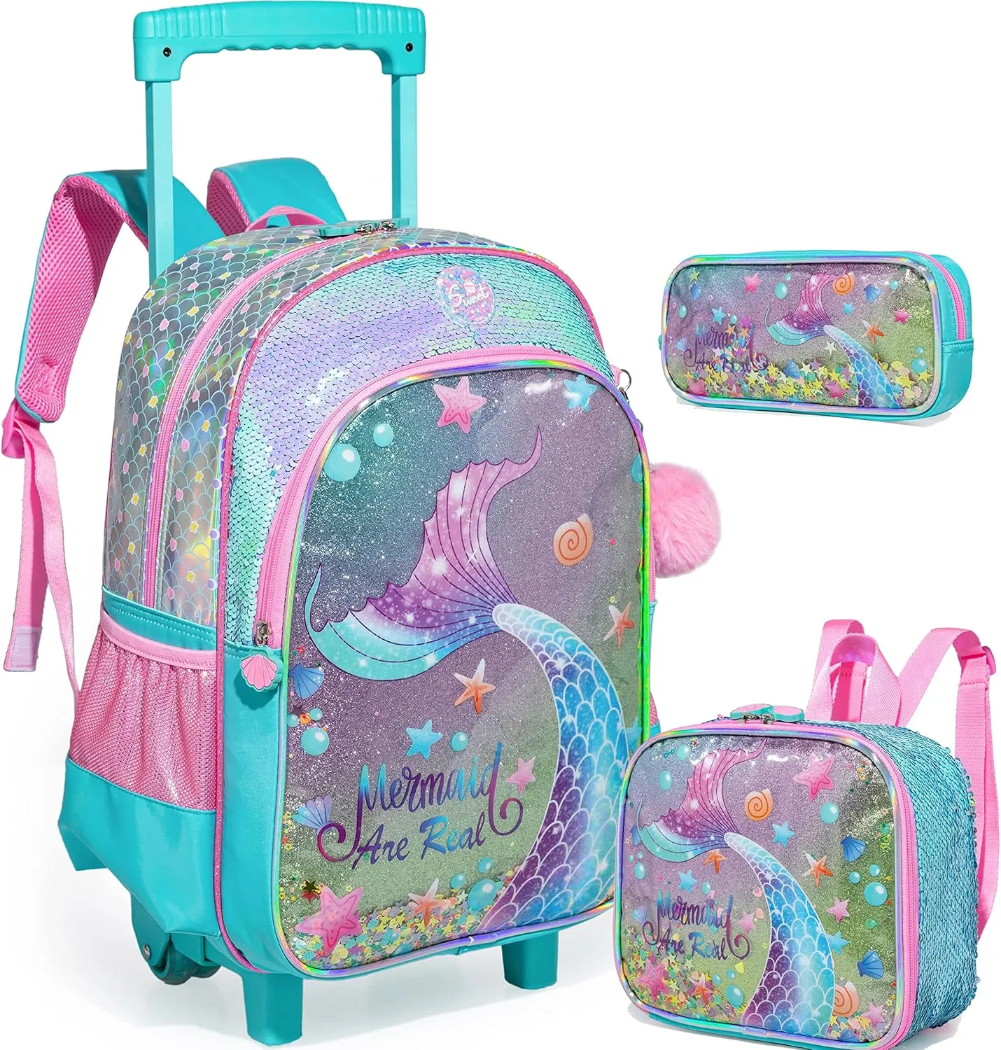 Mermaid Rolling Backpack for Girls with Lunch Box Kids Backpack with Wheels for School Sequin Rolling Backpacks for Kindergarten Girls Trolley Trips Kids Luggage