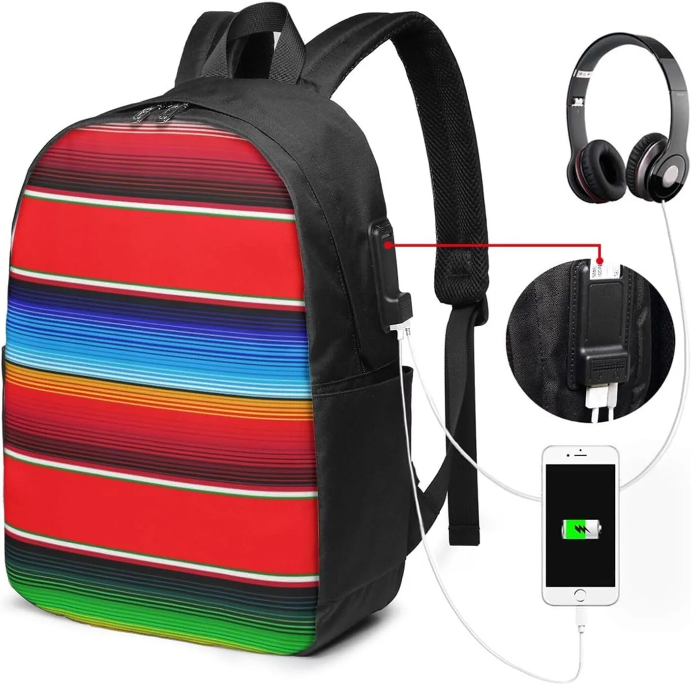 Mexican Serape in Red Laptop Backpacks Travel Backpack Casual Business Daypack Sport Rucksack Computer Bag Fits up to 17 Inch Notebook with USB Port