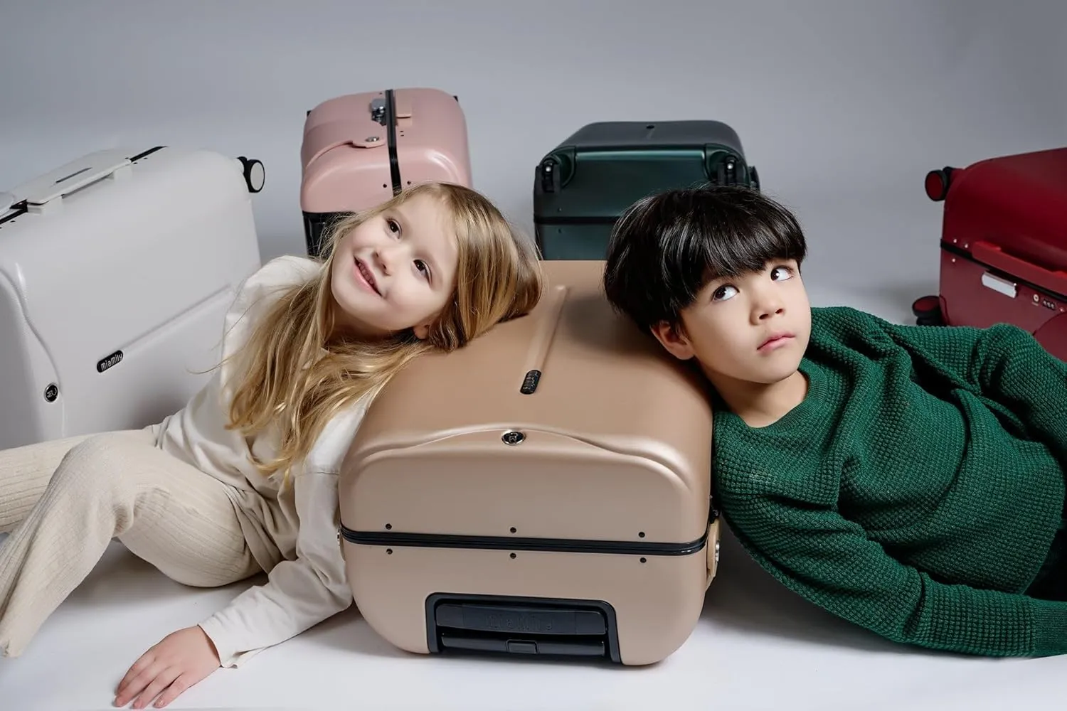 MiaMily 4-Wheel Carry On Luggage with Seat for Kids with Seat Belt, Waterproof Pocket, Adjustable Handle, and Hard Body with 43 Liter Capacity, Champagne Gold