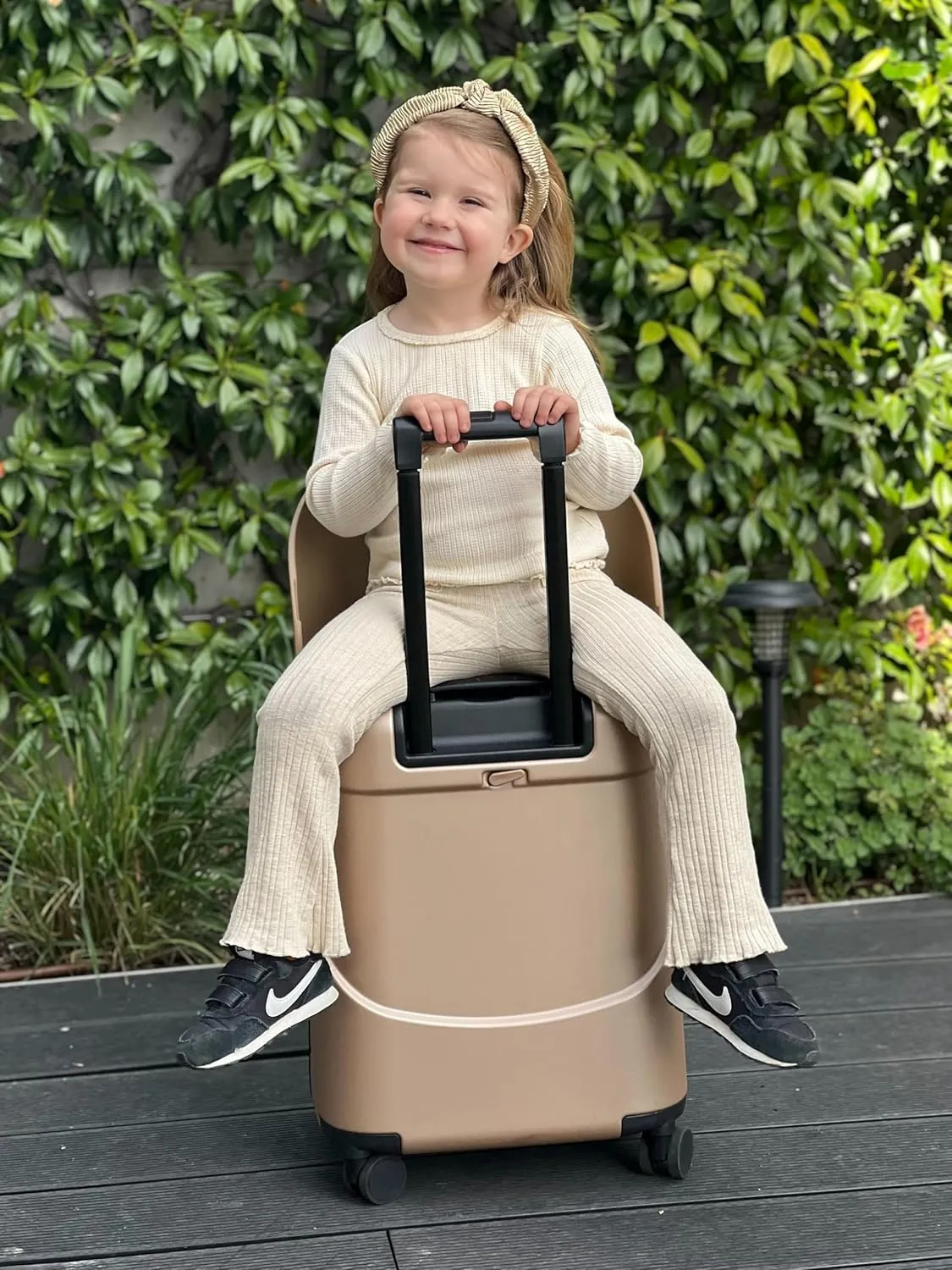 MiaMily 4-Wheel Carry On Luggage with Seat for Kids with Seat Belt, Waterproof Pocket, Adjustable Handle, and Hard Body with 43 Liter Capacity, Champagne Gold