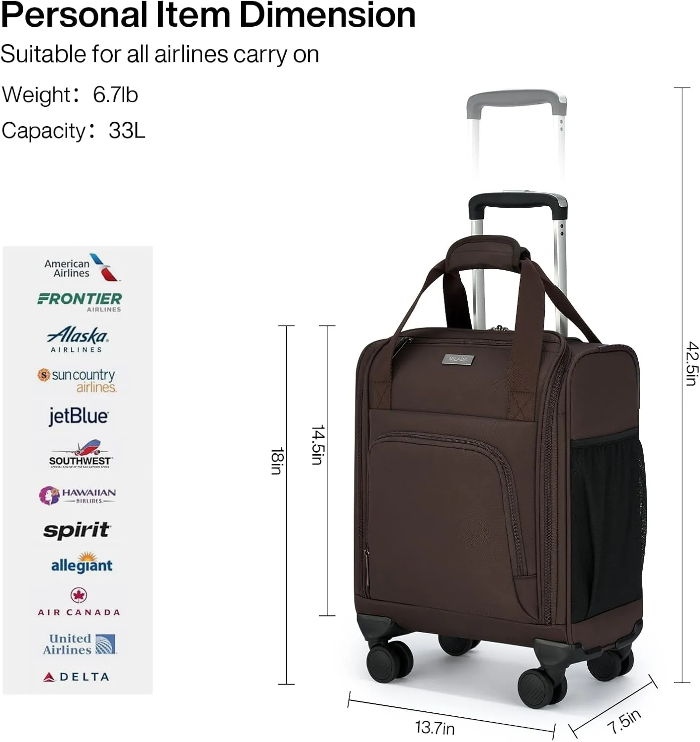 MILADA Carry On Luggage Airline Approved 16 Inch Underseat Small Suitcases with Wheels Softside Travel Luggage Carry On Mini Suitcase for Men Women Short Business and Travel,Coffee