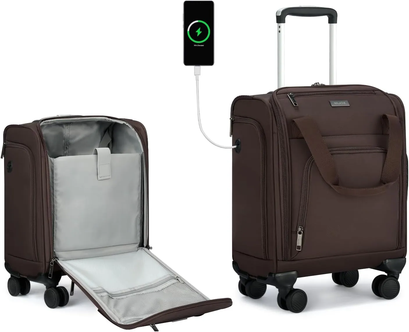 MILADA Carry On Luggage Airline Approved 16 Inch Underseat Small Suitcases with Wheels Softside Travel Luggage Carry On Mini Suitcase for Men Women Short Business and Travel,Coffee