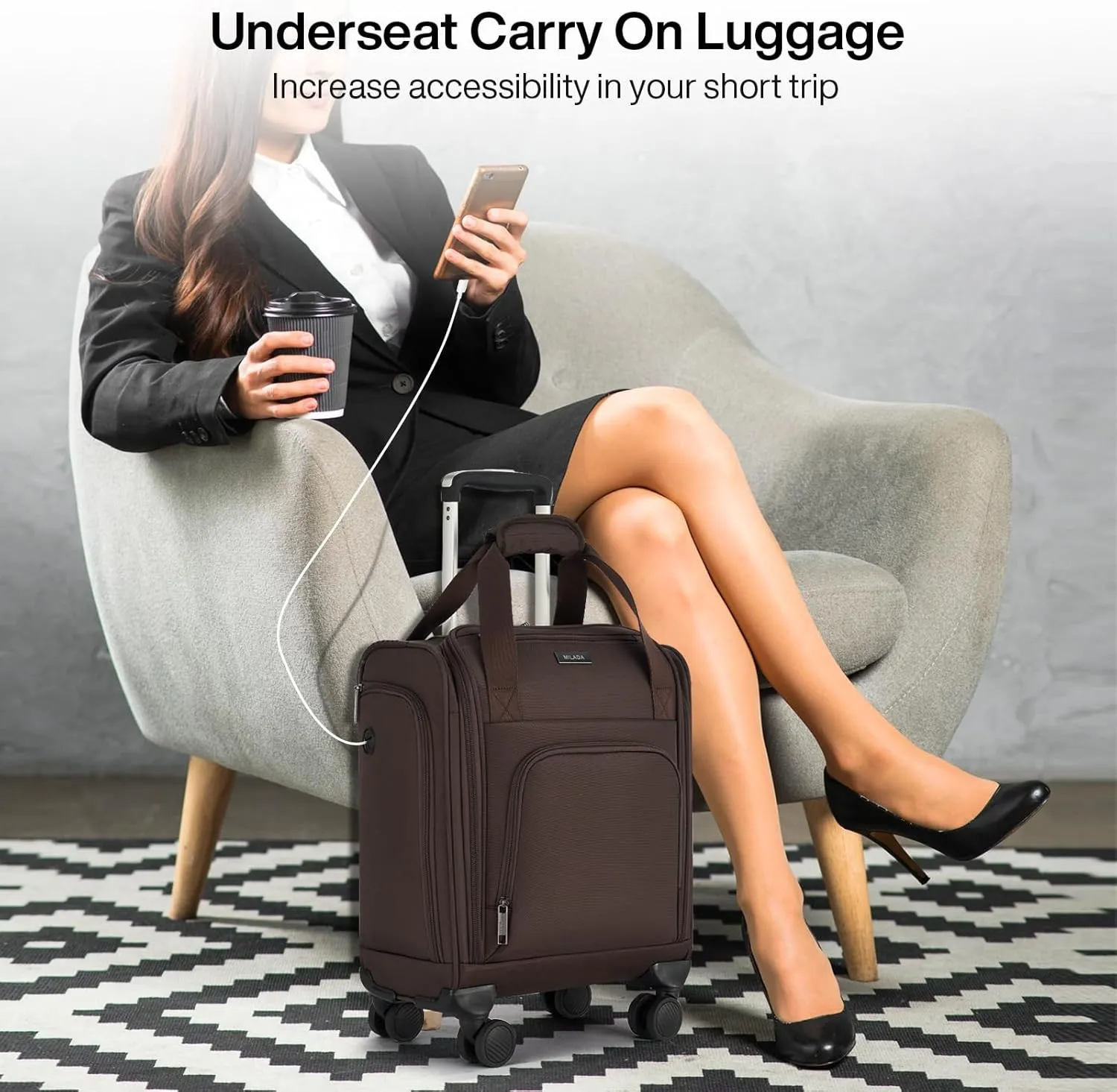 MILADA Carry On Luggage Airline Approved 16 Inch Underseat Small Suitcases with Wheels Softside Travel Luggage Carry On Mini Suitcase for Men Women Short Business and Travel,Coffee