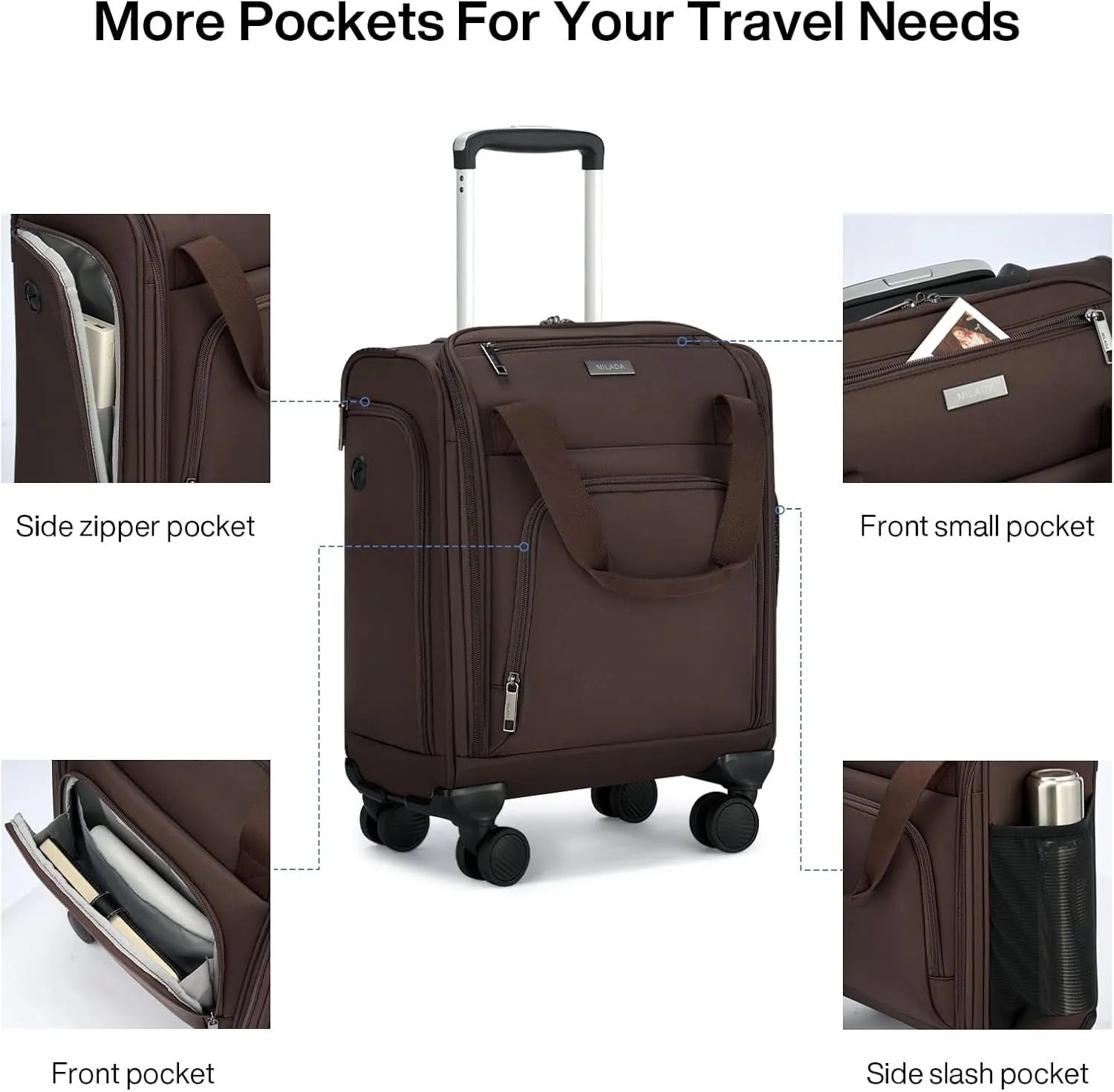MILADA Carry On Luggage Airline Approved 16 Inch Underseat Small Suitcases with Wheels Softside Travel Luggage Carry On Mini Suitcase for Men Women Short Business and Travel,Coffee