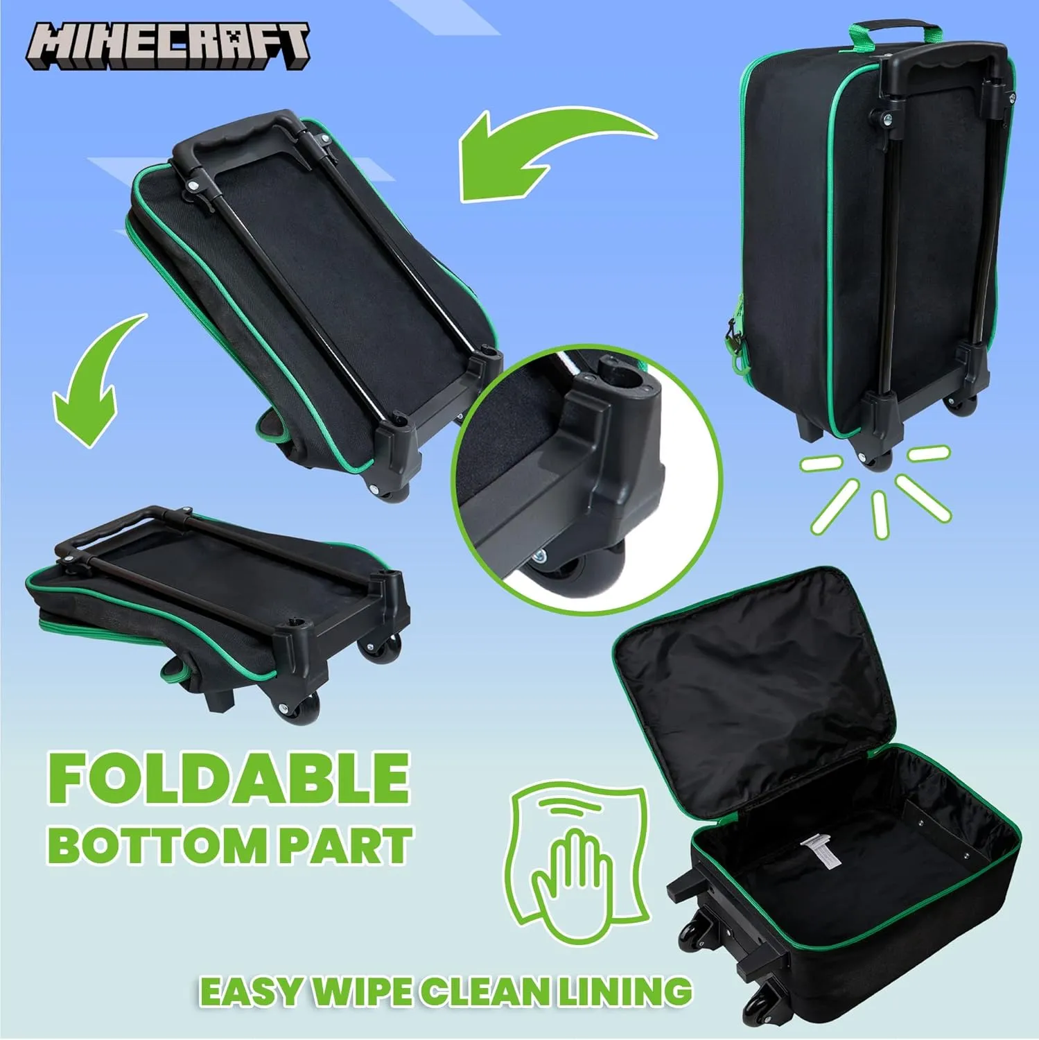 Minecraft Kids Luggage with Wheels Foldable Rolling Suitcase Creeper Travel Bag Vacation Weekend Trips Travel Essentials (18.11x11.81x7.08inch, Black)