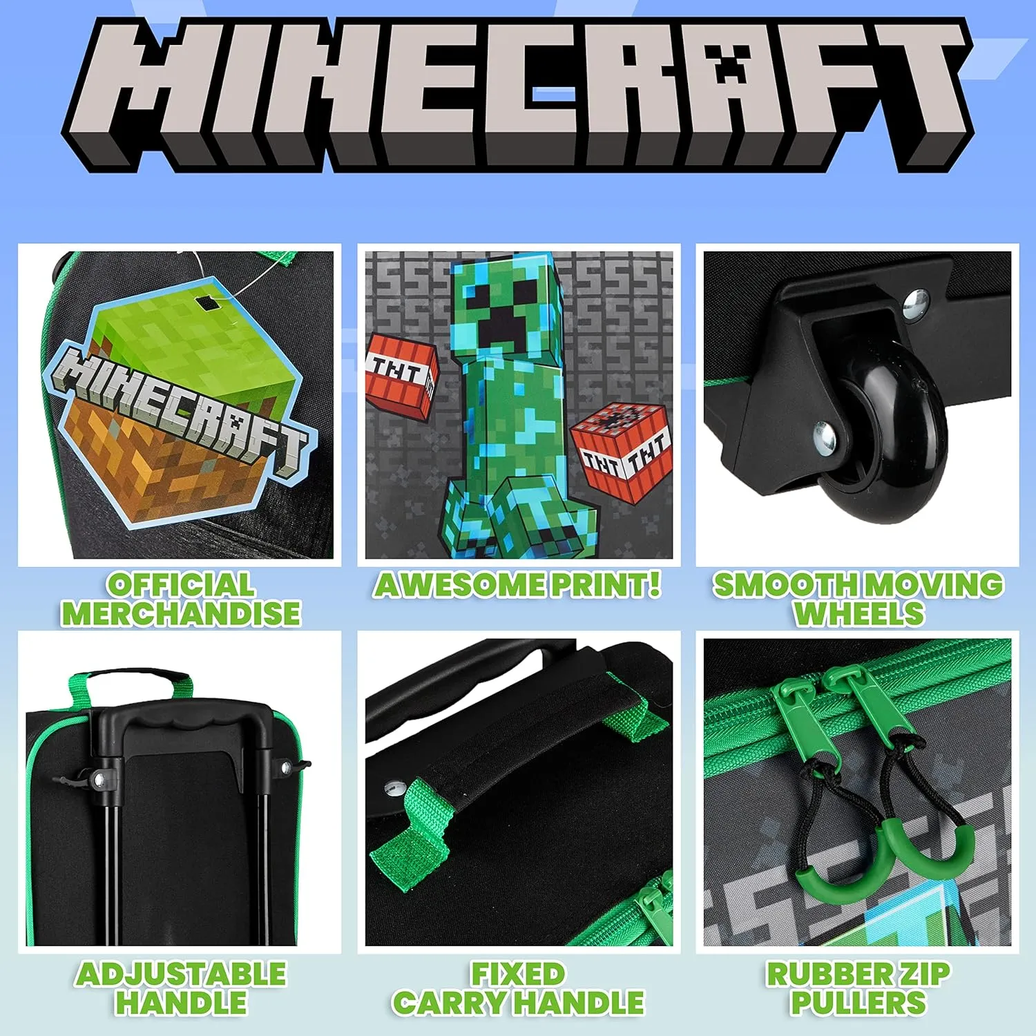 Minecraft Kids Luggage with Wheels Foldable Rolling Suitcase Creeper Travel Bag Vacation Weekend Trips Travel Essentials (18.11x11.81x7.08inch, Black)