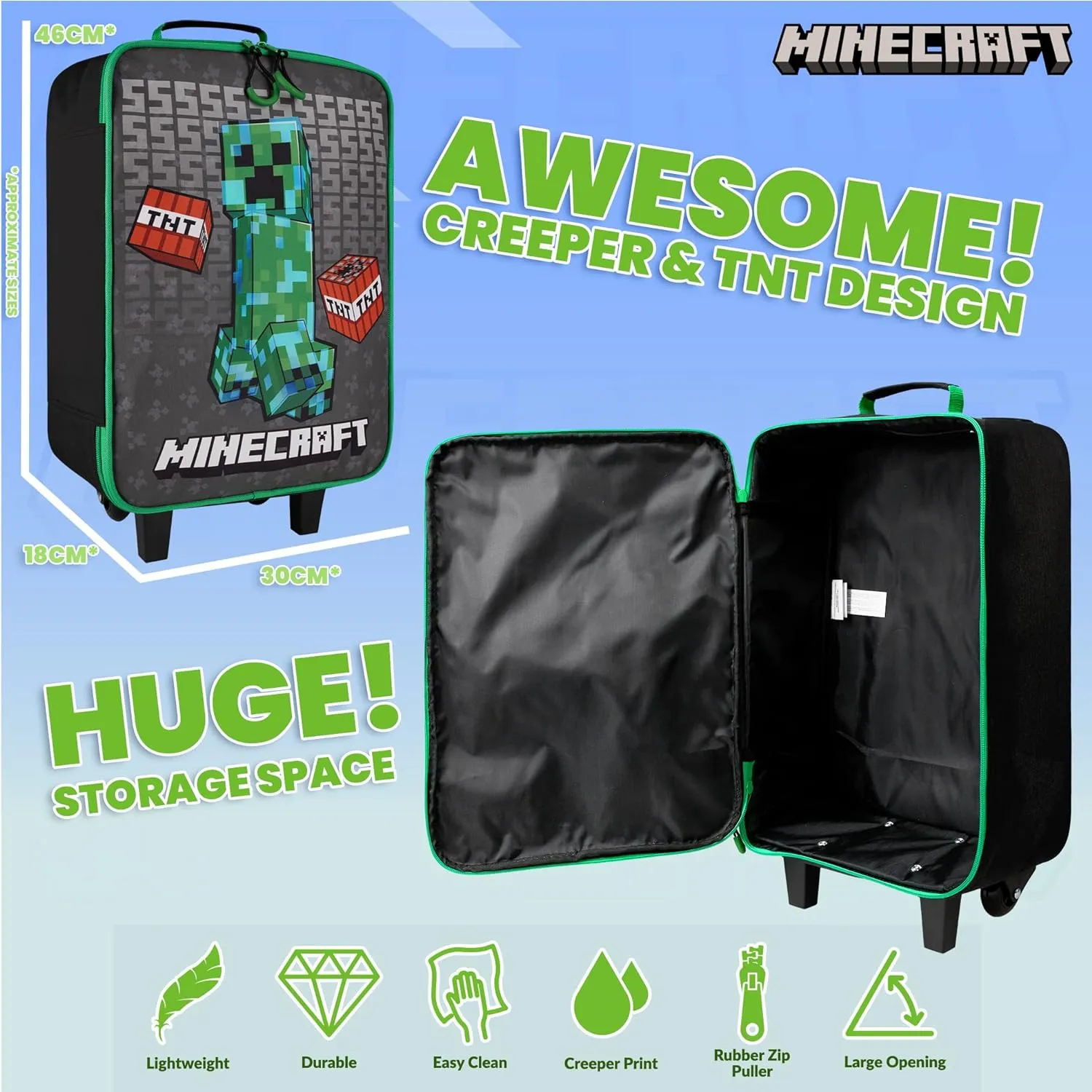 Minecraft Kids Luggage with Wheels Foldable Rolling Suitcase Creeper Travel Bag Vacation Weekend Trips Travel Essentials (18.11x11.81x7.08inch, Black)