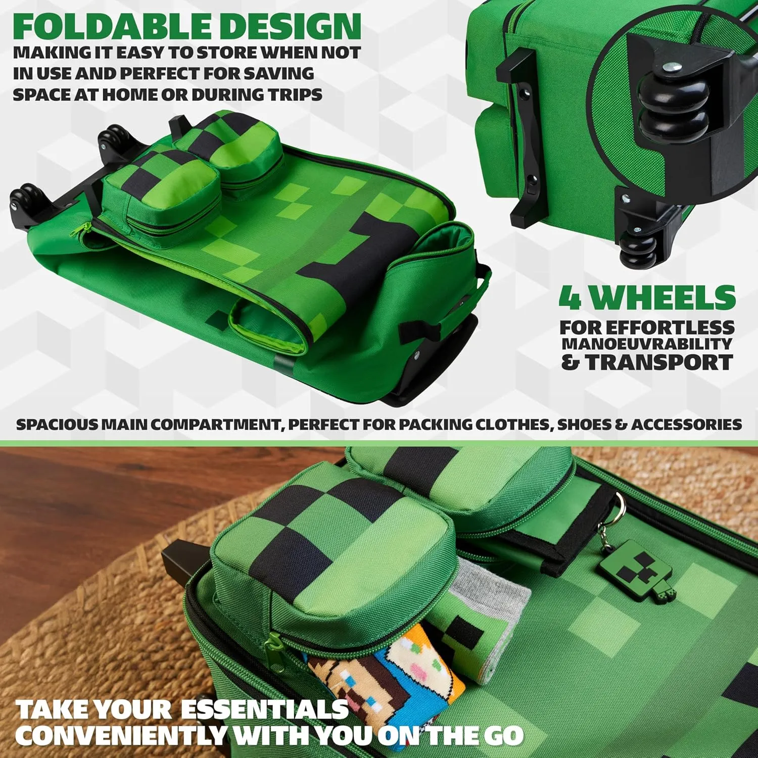 Minecraft Kids Luggage with Wheels Foldable Rolling Suitcase Creeper Travel Bag Vacation Weekend Trips Travel Essentials (25.2x9.85x6.7inch, Green)