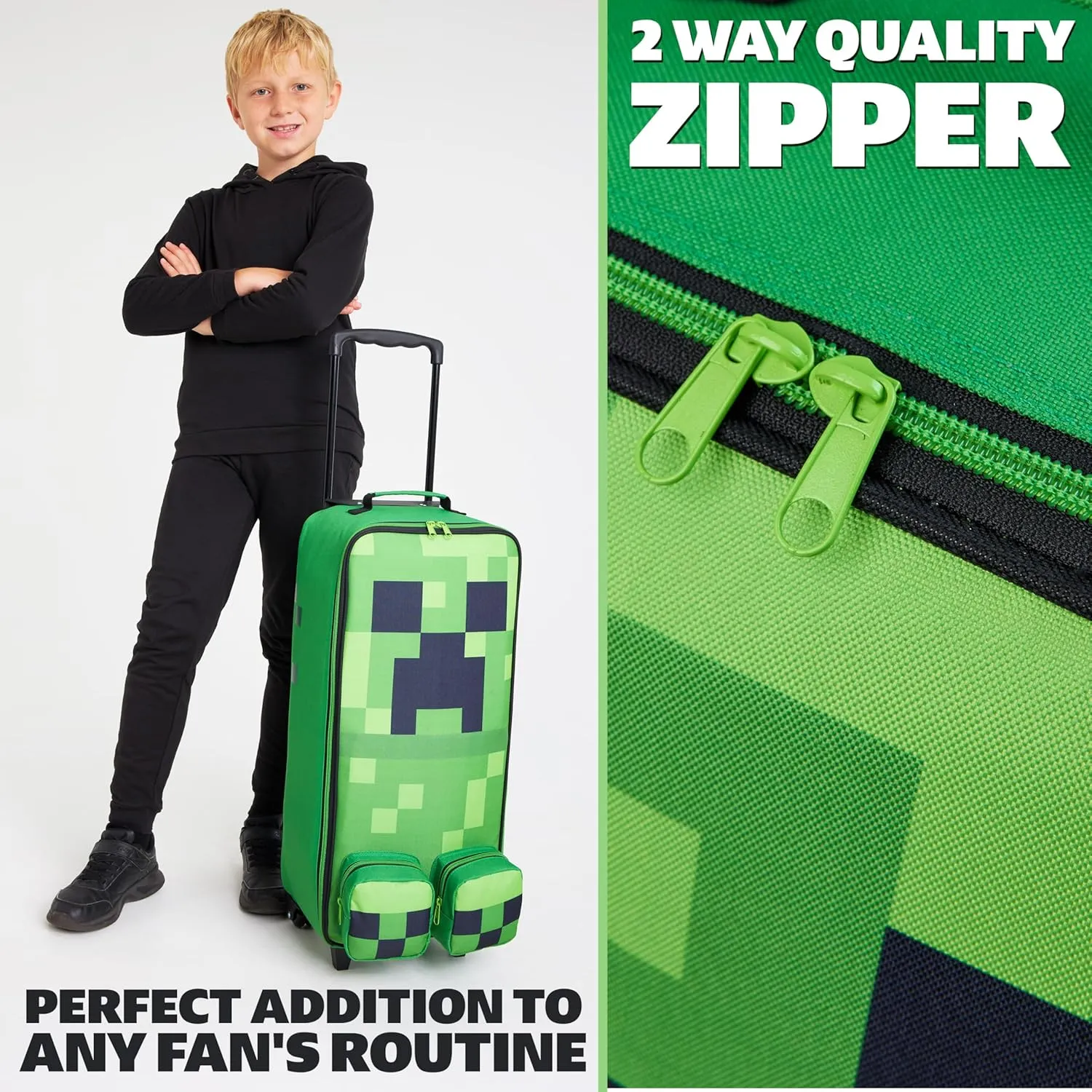 Minecraft Kids Luggage with Wheels Foldable Rolling Suitcase Creeper Travel Bag Vacation Weekend Trips Travel Essentials (25.2x9.85x6.7inch, Green)