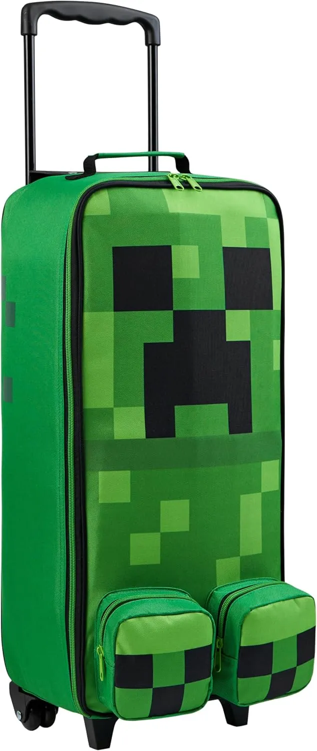 Minecraft Kids Luggage with Wheels Foldable Rolling Suitcase Creeper Travel Bag Vacation Weekend Trips Travel Essentials (25.2x9.85x6.7inch, Green)