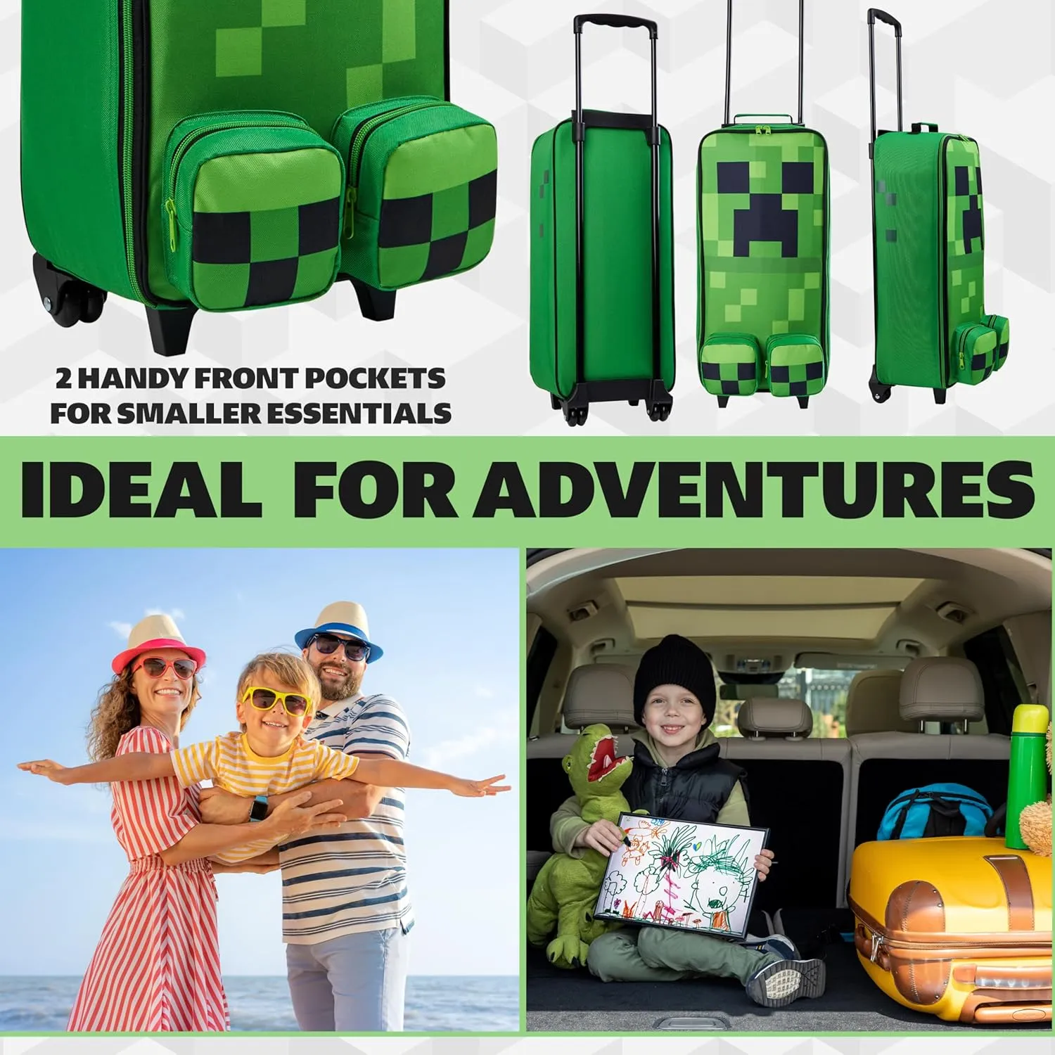 Minecraft Kids Luggage with Wheels Foldable Rolling Suitcase Creeper Travel Bag Vacation Weekend Trips Travel Essentials (25.2x9.85x6.7inch, Green)