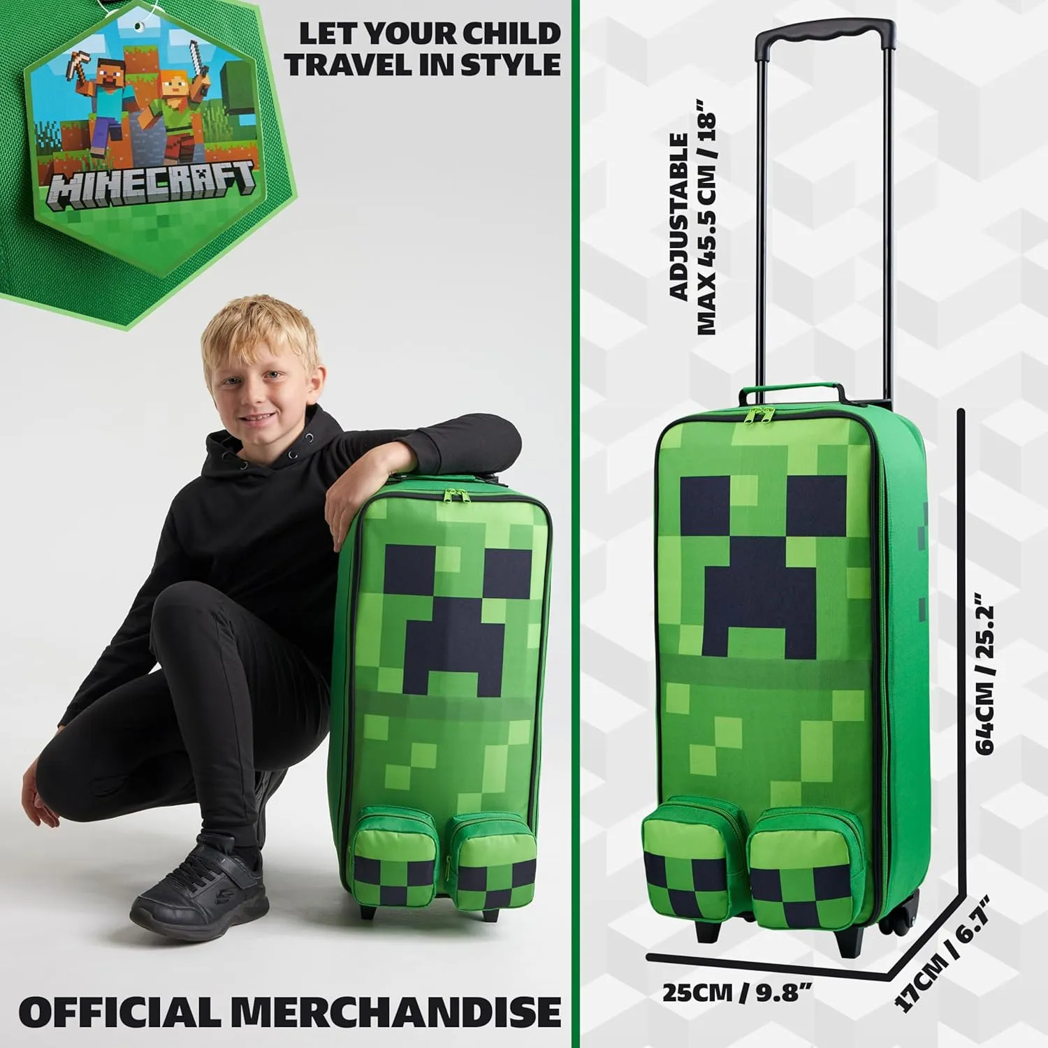 Minecraft Kids Luggage with Wheels Foldable Rolling Suitcase Creeper Travel Bag Vacation Weekend Trips Travel Essentials (25.2x9.85x6.7inch, Green)