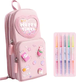 Mini Backpack Pencil Case Art Marker Storage Canvas Makeup Pocket Small Gadget Bag Organizer Random Free of Highlighters (Cherry Pink)