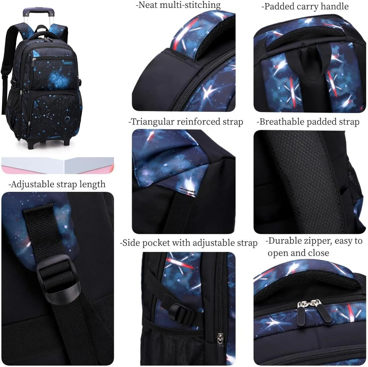 MITOWERMI Boys Rolling Backpacks Kids'Luggage Wheeled Backpack for School Kids Trolley Bags Space-Galaxy Roller Bookbag on 2 Wheels