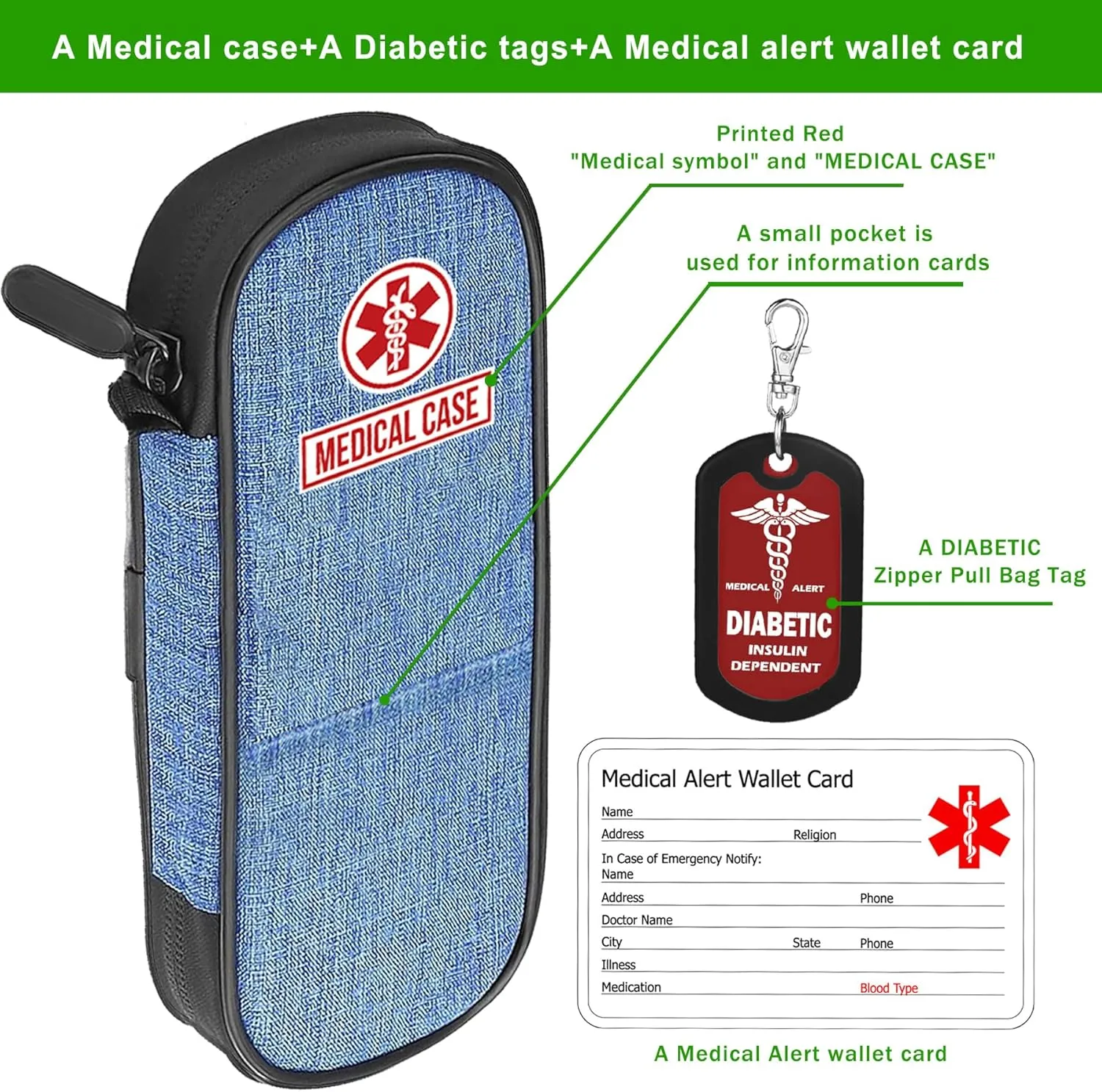 mnmoom Insulin Pen Cooler Travel Case with Reusable Ice Packs, Luggage Tag-Diabetic bag has Insulated Cooling for Daily Use and Travel (Blue)