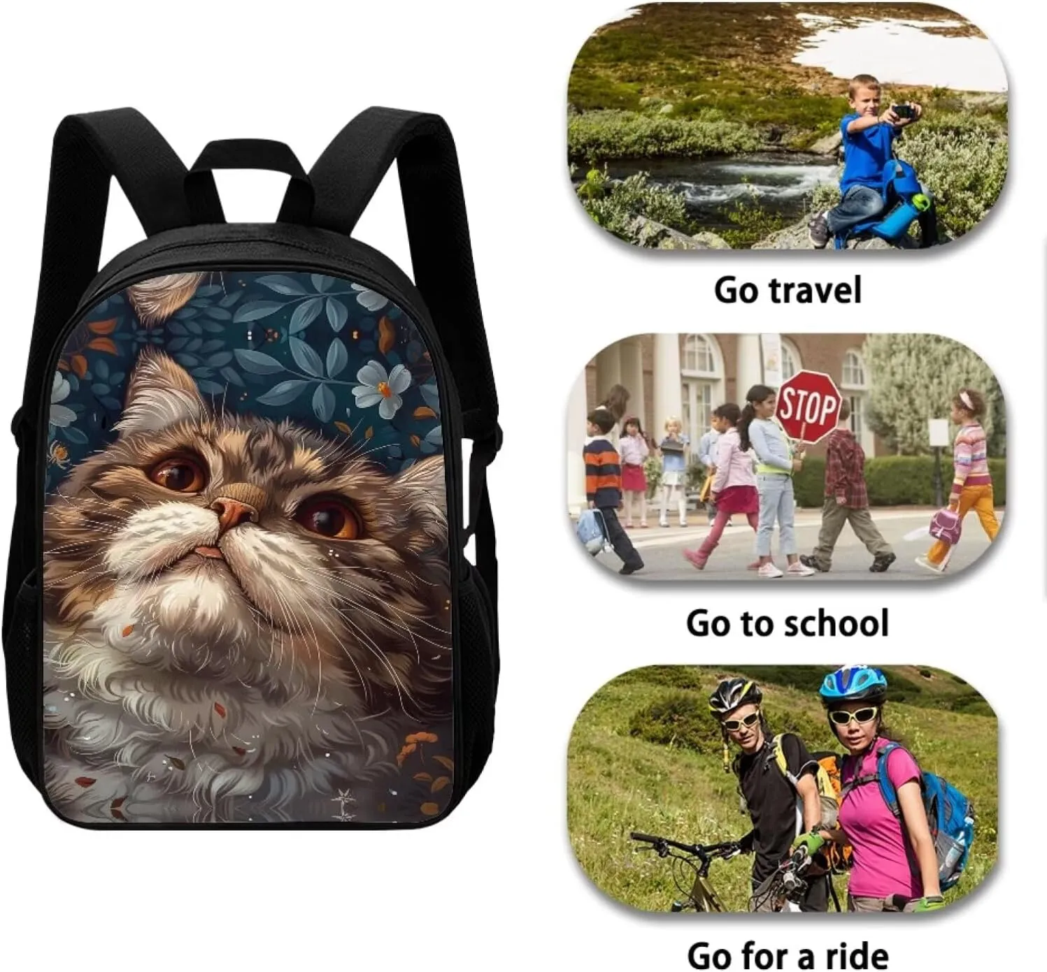 Modysero 17 Inch Funny Backpack for Girls Boys Cat School Bags with Smooth Zipper Large Capacity Lightweight Student Bookbag with Pockets