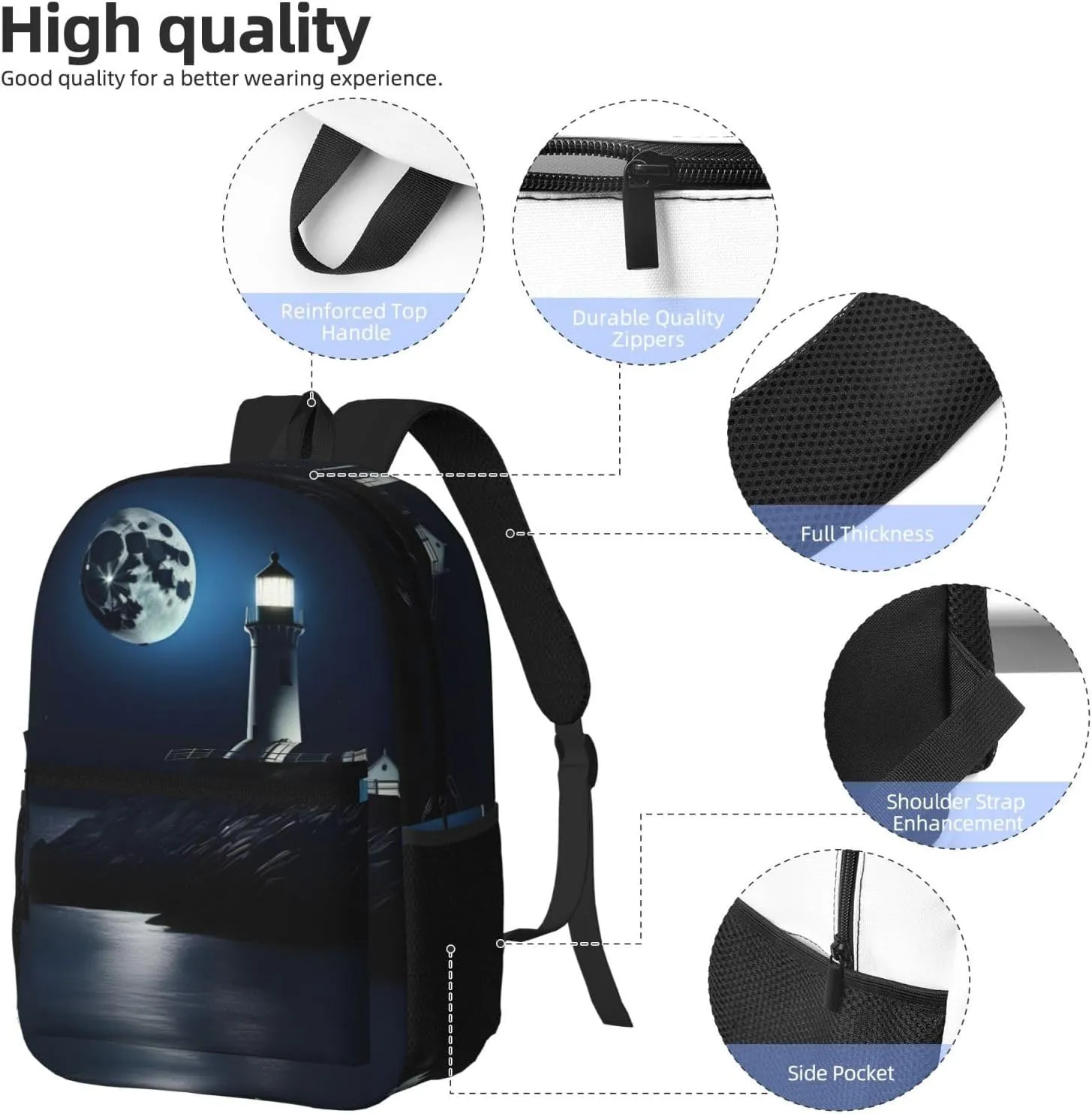 Moonlight Lighthouse Travel Laptops Backpack For Women Men,Casual Work Bag 17inch Backpacks For Hiking Business