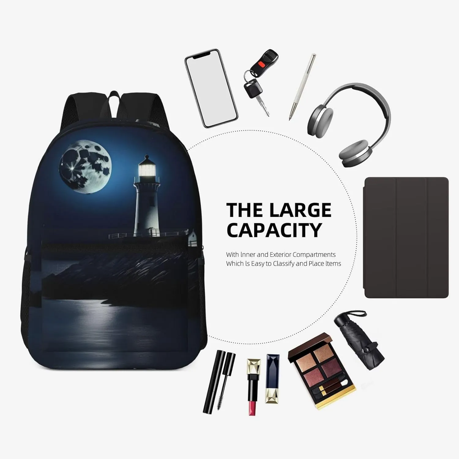 Moonlight Lighthouse Travel Laptops Backpack For Women Men,Casual Work Bag 17inch Backpacks For Hiking Business