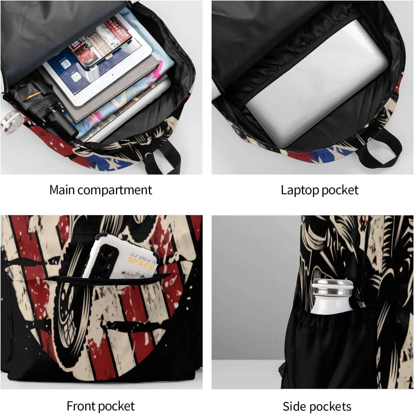 Motocross Dirt Bike American Flag Backpack Double Shoulder Bag 15 Inch Laptop Bagpacks for Hiking Work Camping Travel