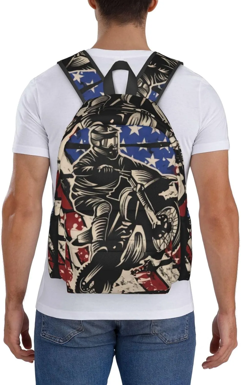 Motocross Dirt Bike American Flag Backpack Double Shoulder Bag 15 Inch Laptop Bagpacks for Hiking Work Camping Travel