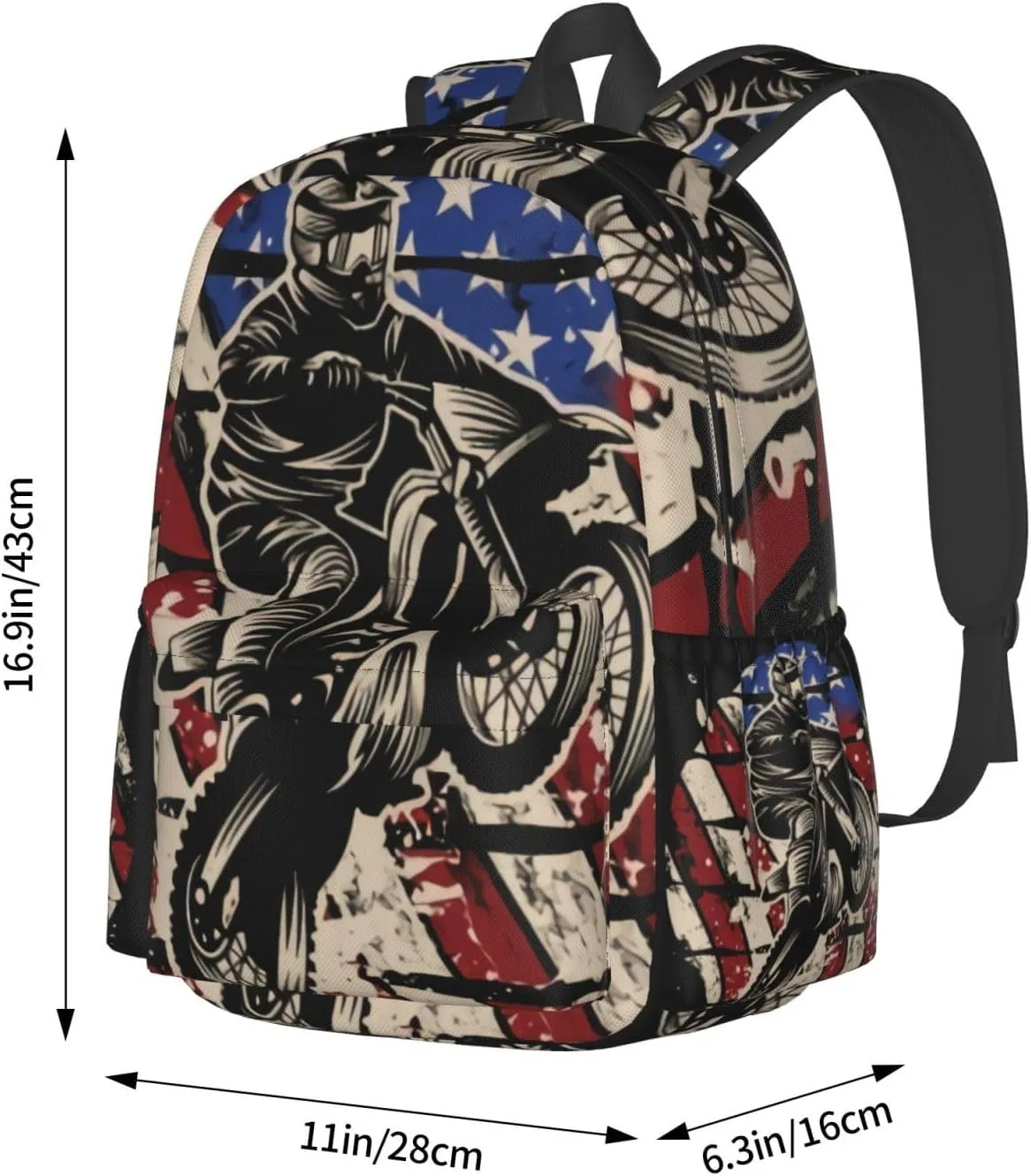 Motocross Dirt Bike American Flag Backpack Double Shoulder Bag 15 Inch Laptop Bagpacks for Hiking Work Camping Travel