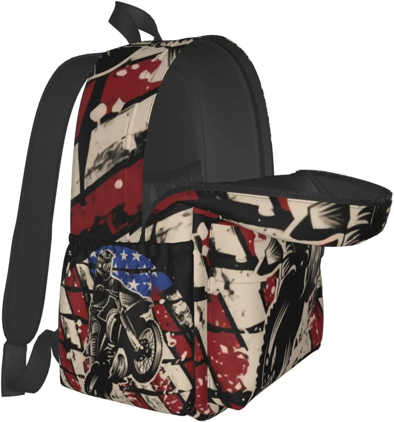 Motocross Dirt Bike American Flag Backpack Double Shoulder Bag 15 Inch Laptop Bagpacks for Hiking Work Camping Travel