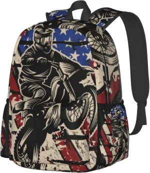 Motocross Dirt Bike American Flag Backpack Double Shoulder Bag 15 Inch Laptop Bagpacks for Hiking Work Camping Travel