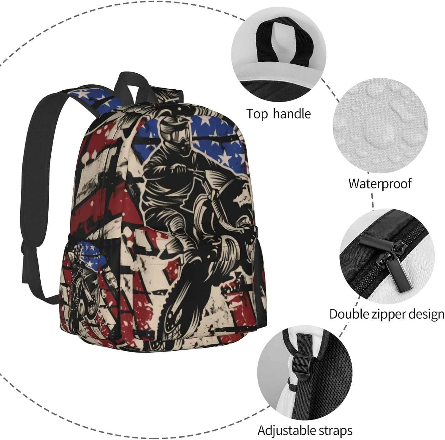 Motocross Dirt Bike American Flag Backpack Double Shoulder Bag 15 Inch Laptop Bagpacks for Hiking Work Camping Travel