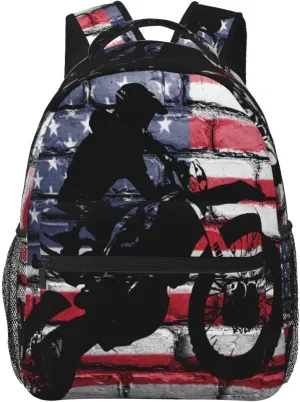Motocross Dirt Bike American Flag Backpacks 15in Laptop Backpack Multipurpose Double Shoulder Bag For Men Women Gifts