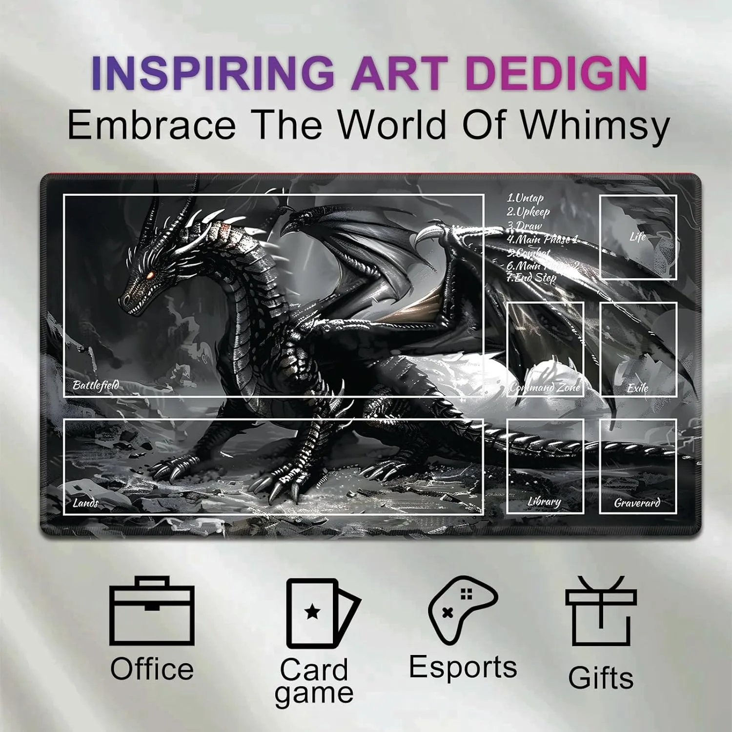 MTG Playmat TCG Ultrapro Playmats with Magic Zones, 28x16 inch Trading Card Game and Anime Enthusiasts, Non-Slip Protects Cards Larger Gaming Area, Multipurpose Artistic Mat(Black Fantastic Dragon)