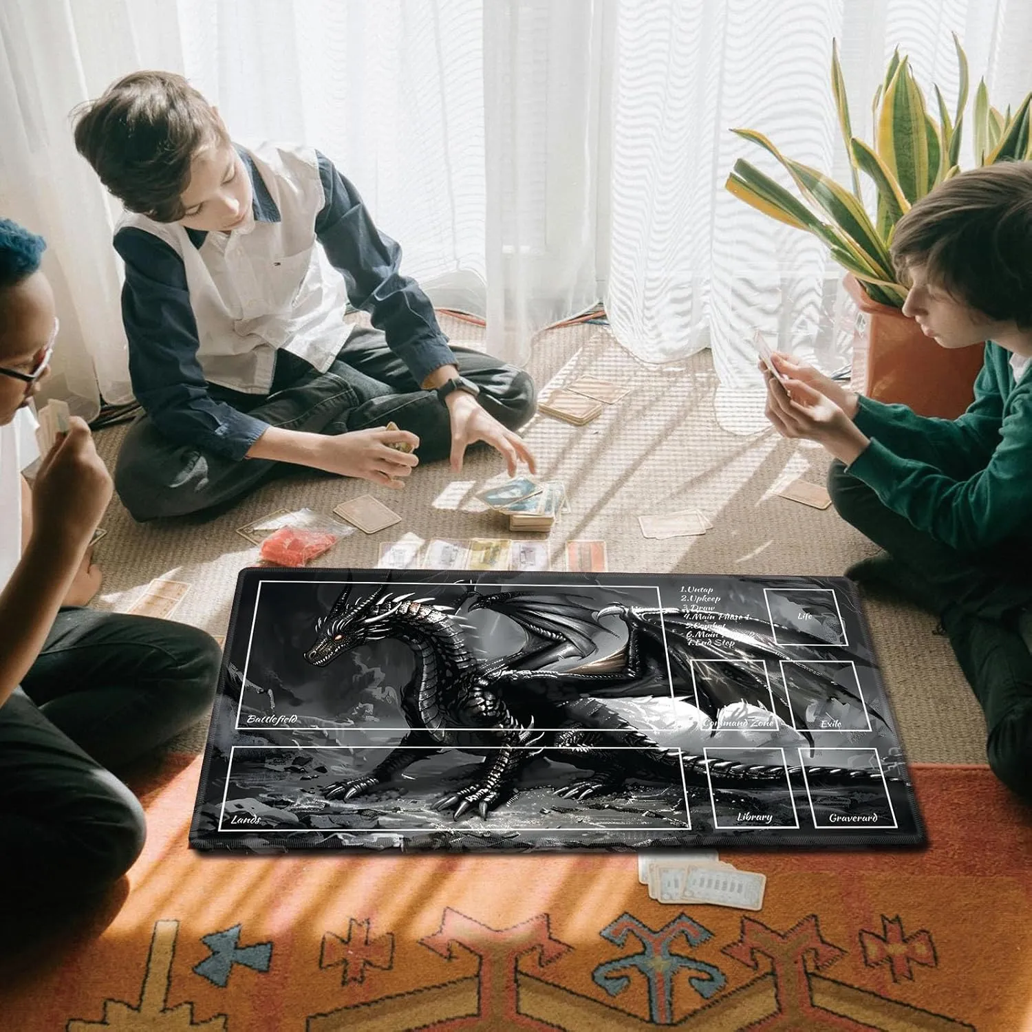 MTG Playmat TCG Ultrapro Playmats with Magic Zones, 28x16 inch Trading Card Game and Anime Enthusiasts, Non-Slip Protects Cards Larger Gaming Area, Multipurpose Artistic Mat(Black Fantastic Dragon)