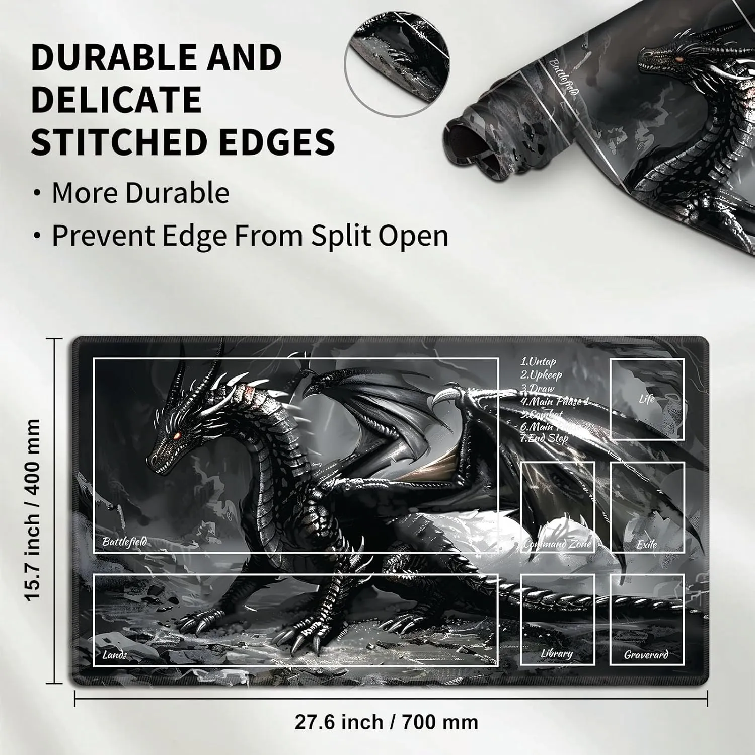 MTG Playmat TCG Ultrapro Playmats with Magic Zones, 28x16 inch Trading Card Game and Anime Enthusiasts, Non-Slip Protects Cards Larger Gaming Area, Multipurpose Artistic Mat(Black Fantastic Dragon)
