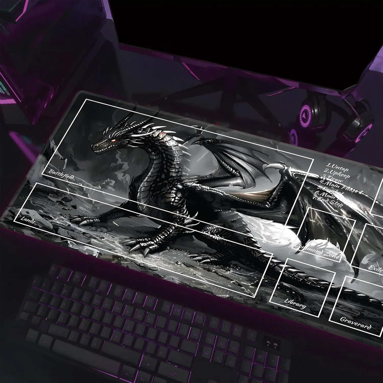 MTG Playmat TCG Ultrapro Playmats with Magic Zones, 28x16 inch Trading Card Game and Anime Enthusiasts, Non-Slip Protects Cards Larger Gaming Area, Multipurpose Artistic Mat(Black Fantastic Dragon)