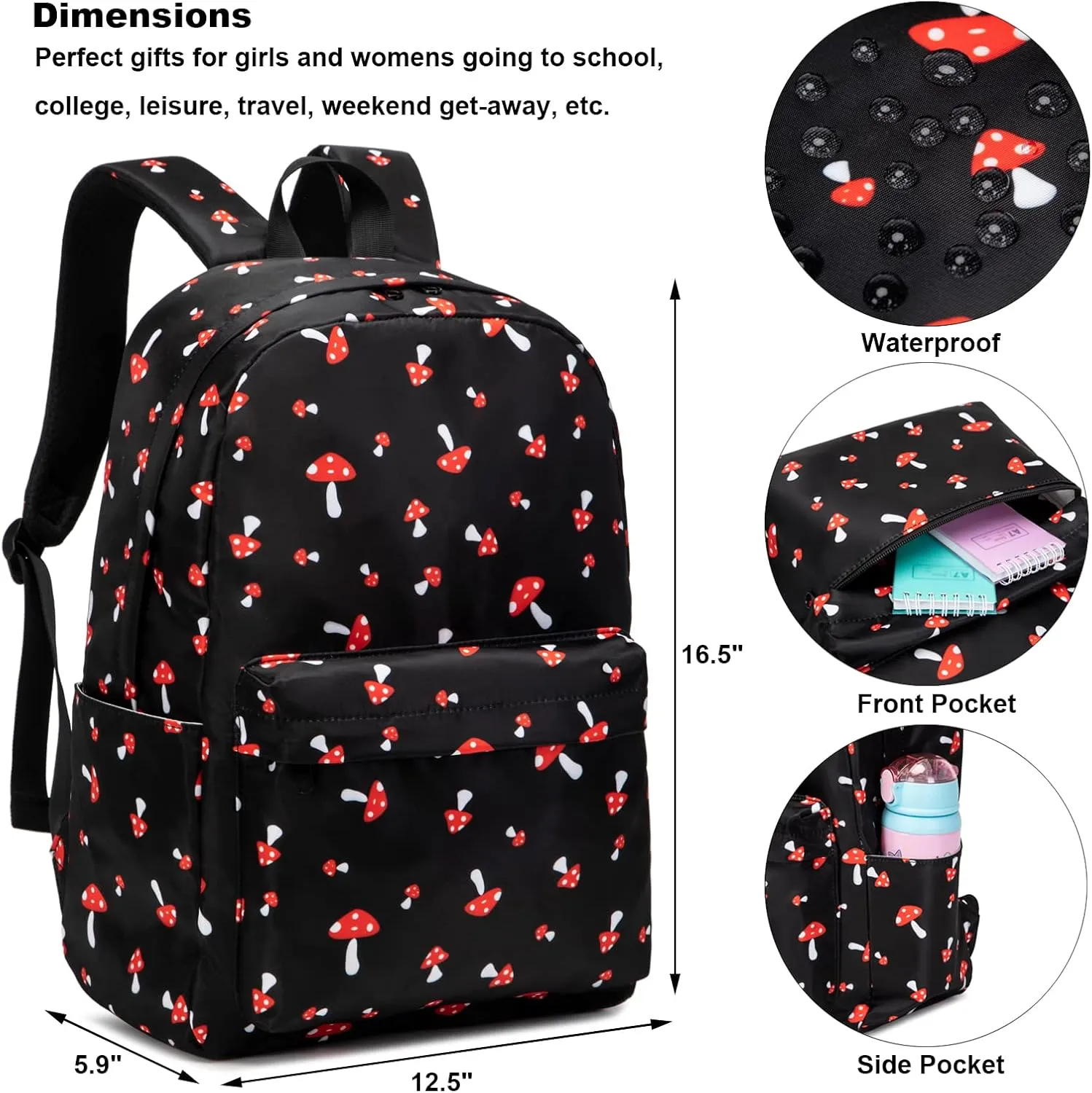 Mushroom School Backpack for Girls Womens, School Bags Collge Bookbags Laptop Backpacks for Kids Teens Adults