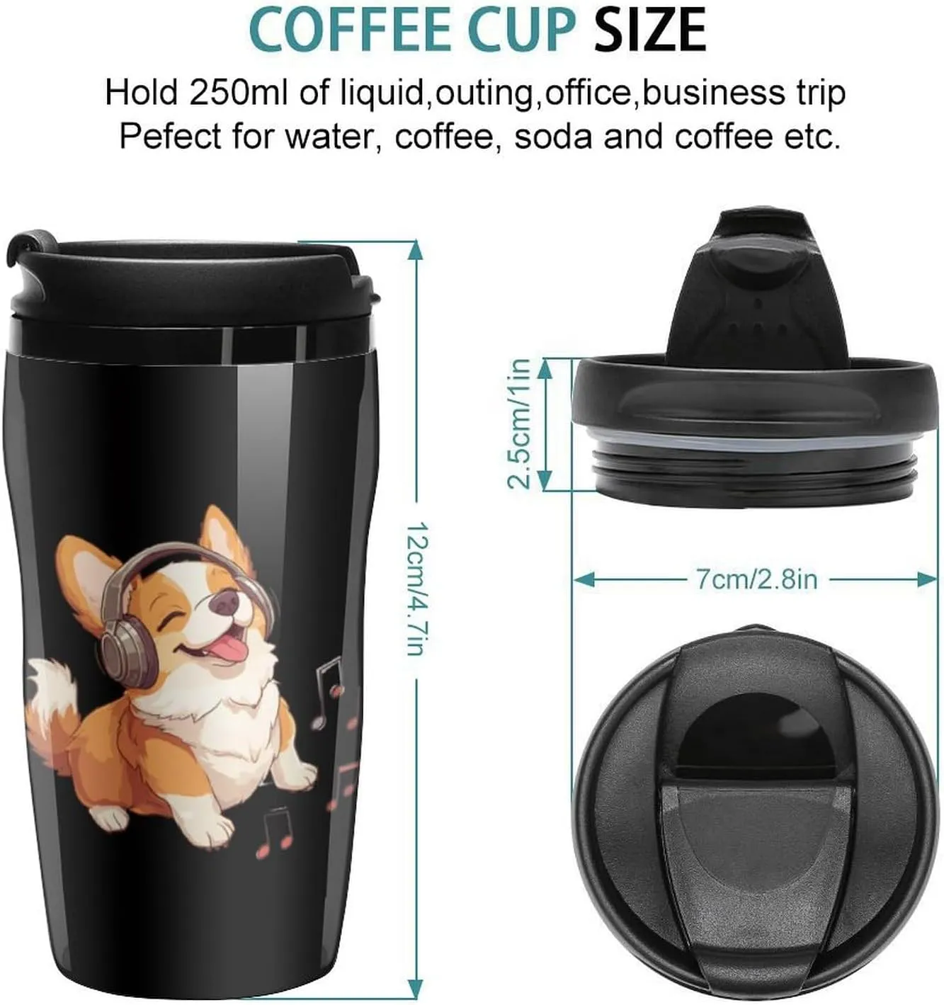 Music Corigi Dog Coffee Mug with Lid Portable Tumbler Water Bottle for Travel Business 250ml