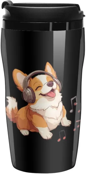 Music Corigi Dog Coffee Mug with Lid Portable Tumbler Water Bottle for Travel Business 250ml
