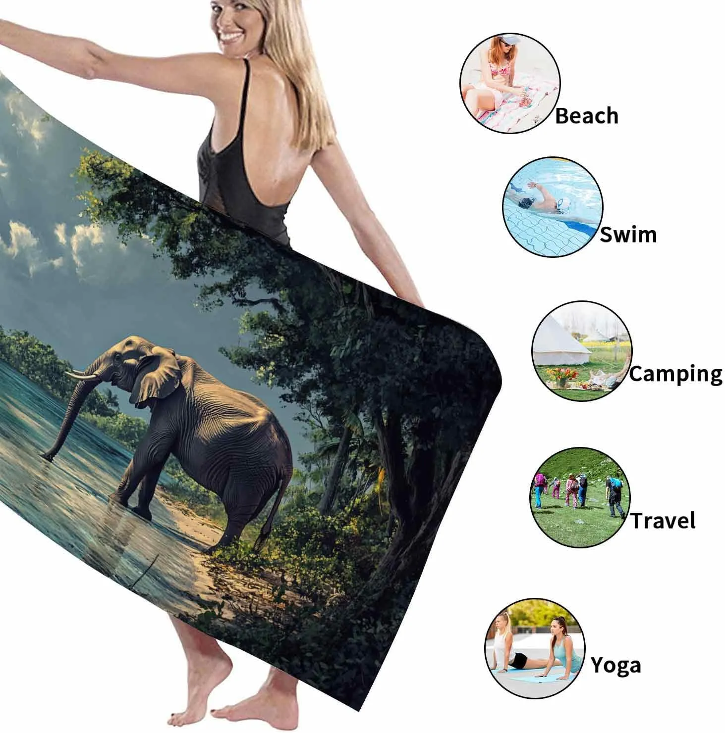 Nature Elephant Beach Towel Ocean Scene Quick Dry Absorbent Soft Sand Free Lightweight Travel Picnic Essentials 62x31 Inch