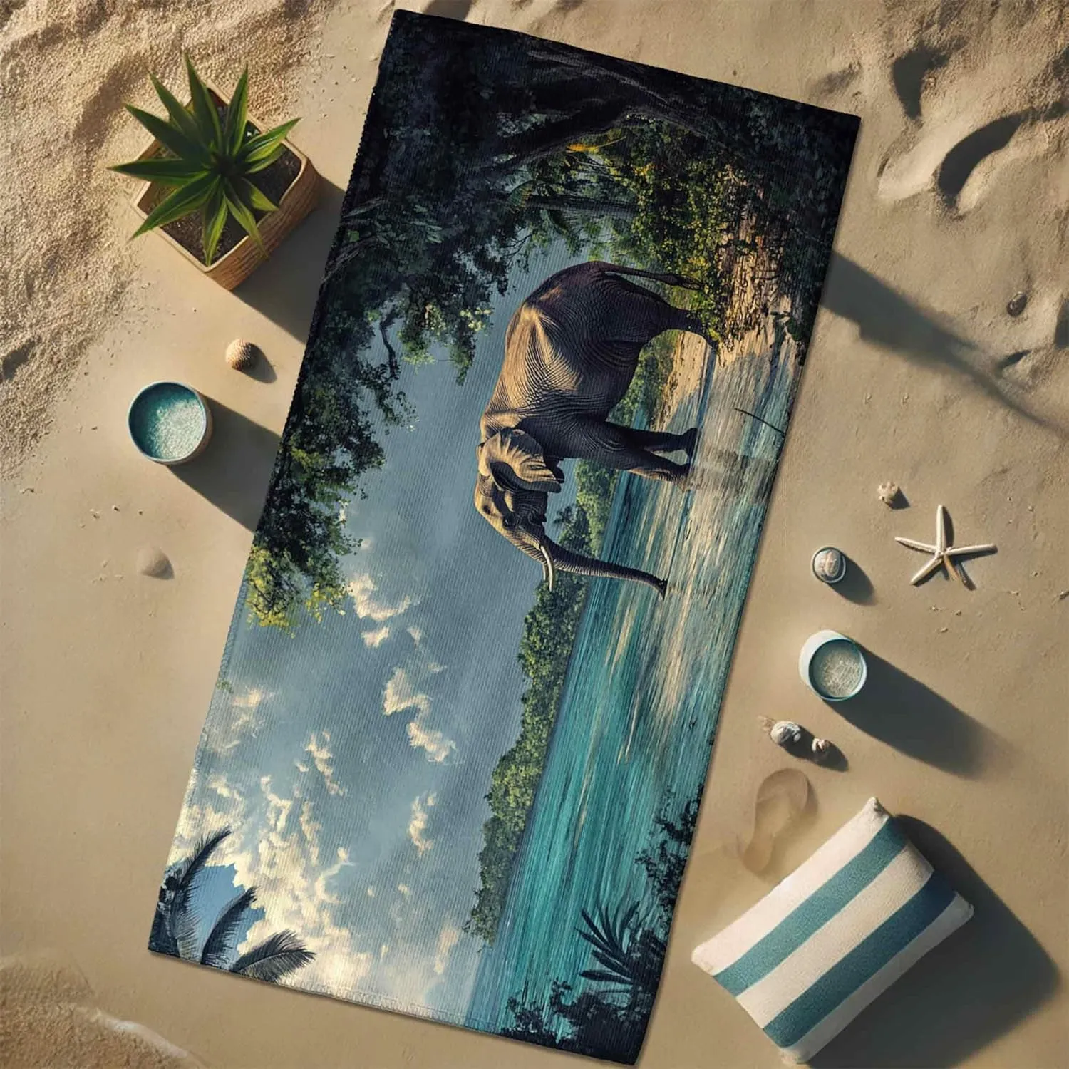 Nature Elephant Beach Towel Ocean Scene Quick Dry Absorbent Soft Sand Free Lightweight Travel Picnic Essentials 62x31 Inch
