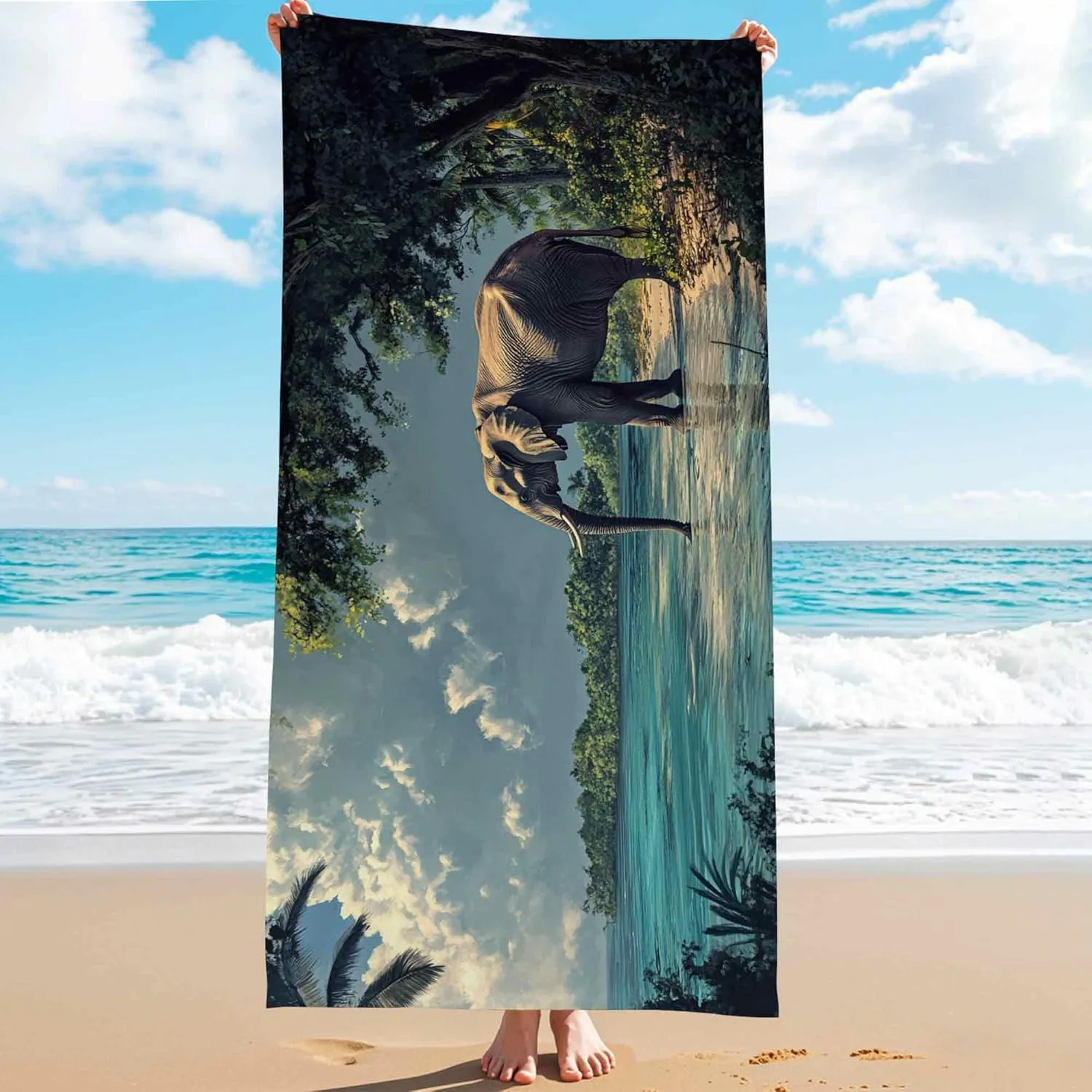 Nature Elephant Beach Towel Ocean Scene Quick Dry Absorbent Soft Sand Free Lightweight Travel Picnic Essentials 62x31 Inch