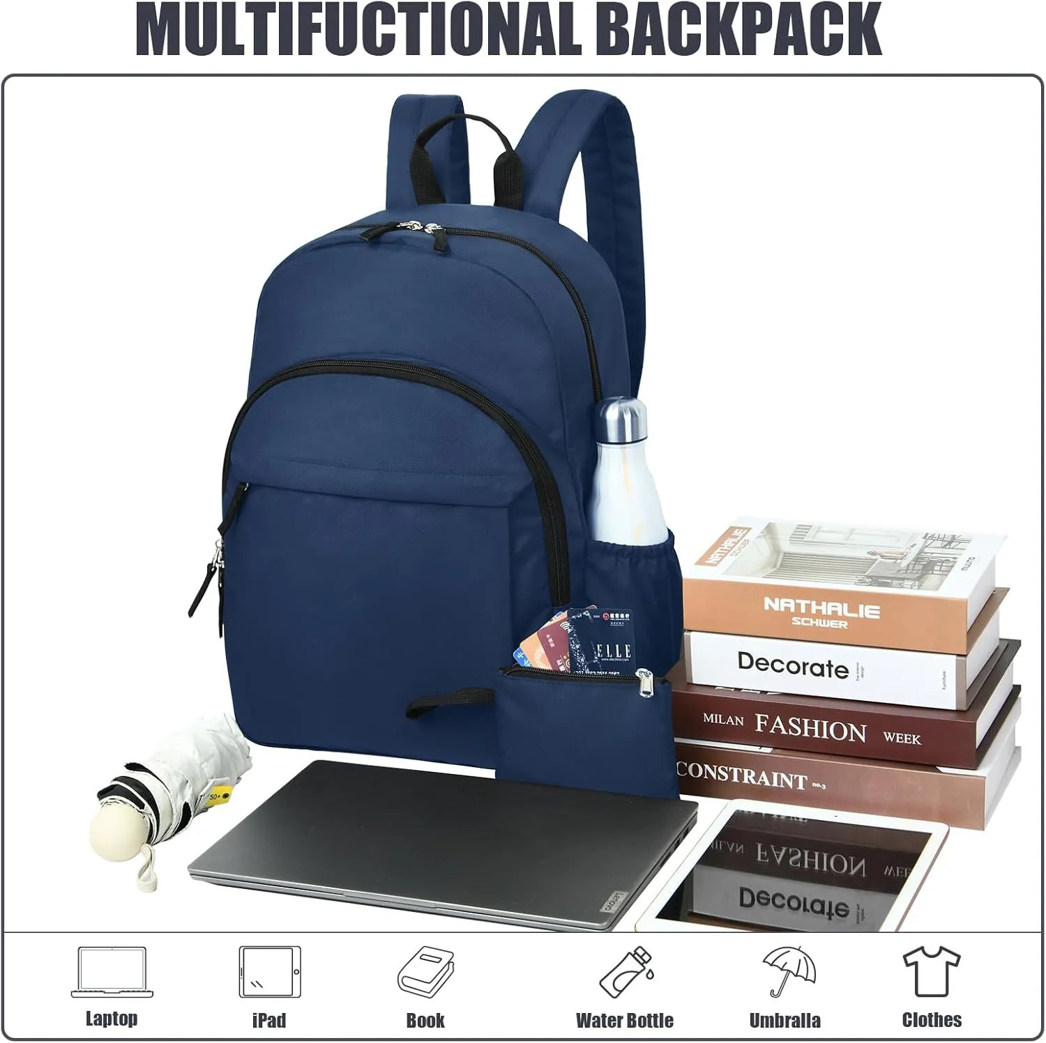Navy Blue Backpack for School, College, High, Middle School,Water Resistant Bookbag for Teens, Basic Backpack for Daily, Travel, Work, Business Laptop Backpack for Men Women (Navy)
