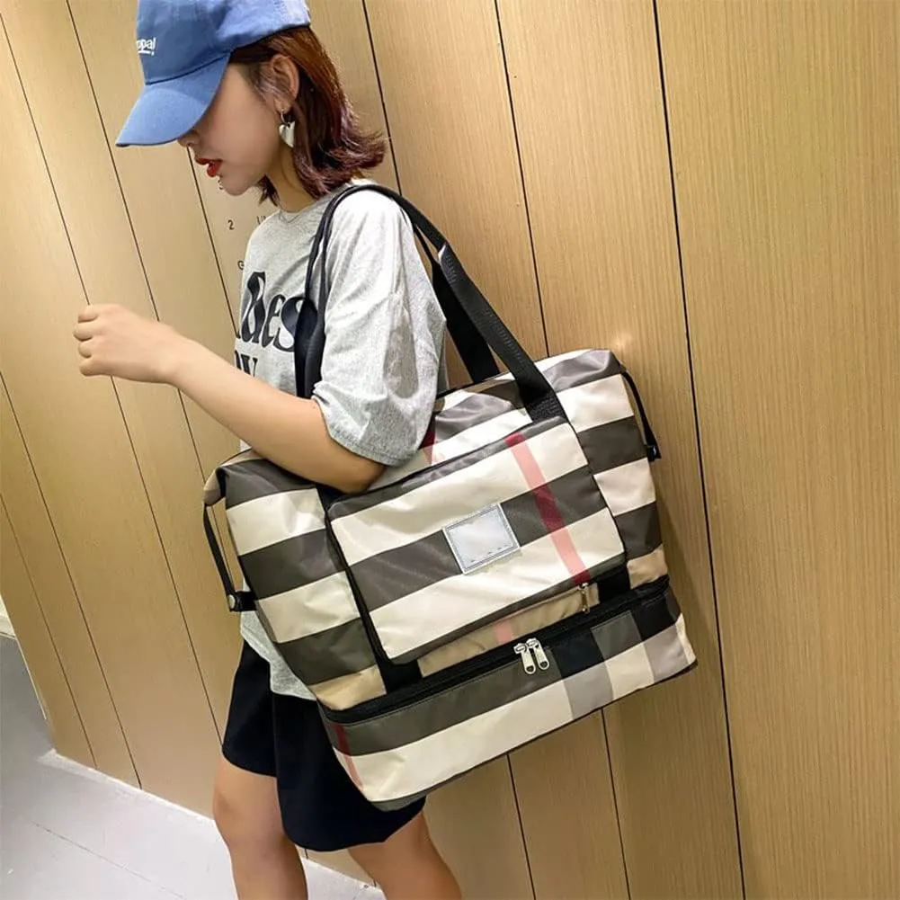 New Foldable Dry/Wet Separation Travel Bag Large Capacity Folding Travel Bag Lightweight Waterproof Foldable Travel Duffel Bag Luggage Tote Handbag Oxford Fabric Bag for Women and Men (Black)