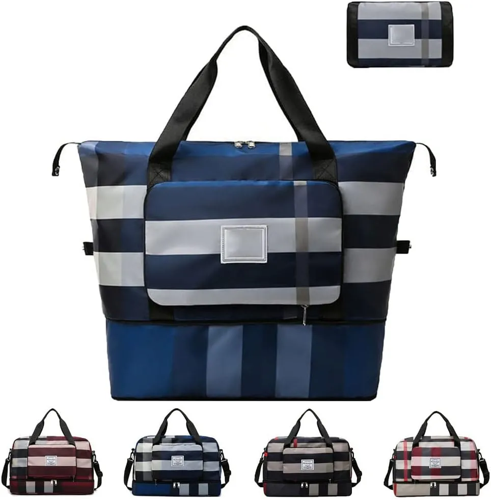 New Foldable Dry/Wet Separation Travel Bag Large Capacity Folding Travel Bag Lightweight Waterproof Foldable Travel Duffel Bag Luggage Tote Handbag Oxford Fabric Bag for Women and Men (Blue)