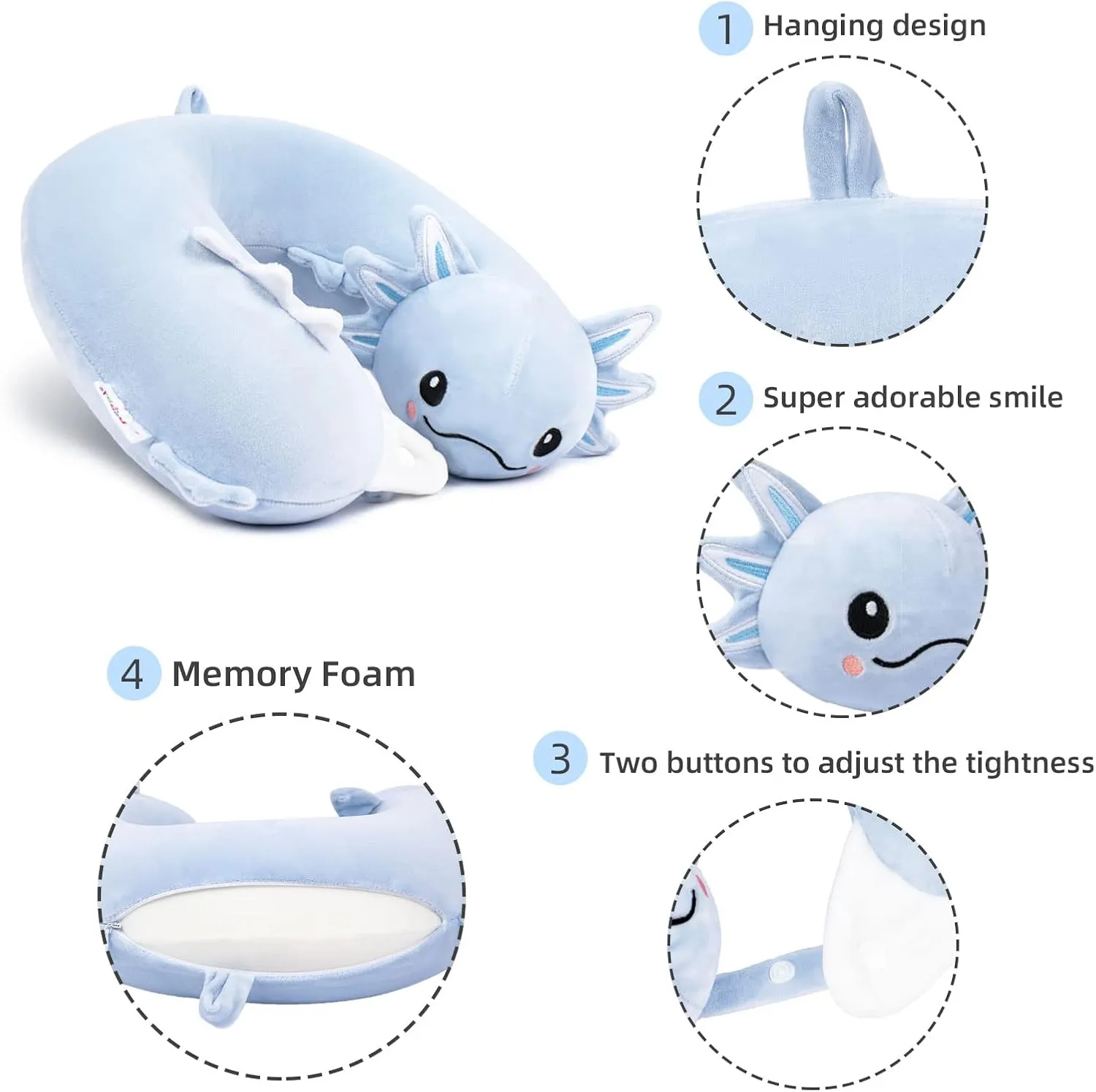 Niuniu Daddy Axolotl Neck Pillow for Traveling, Memory Foam Cervical Travel Neck Support Pillows Portable for Airplane Car Sleep, Long Trip Age 8  Children with Boys Girls Including Adults