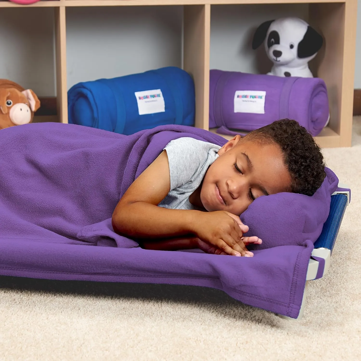 Northwest Rollee Pollee Nap Sac Roll-Up Toddler Blanket with Attached Pillow – Soft Fleece Preschool Nap Mat for Daycare or Travel – Machine Washable – Purple